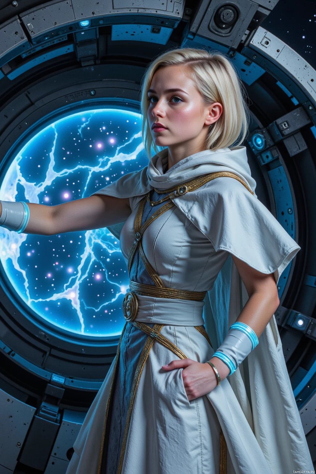 A person in a white and gold outfit stands in front of a space-themed backdrop.