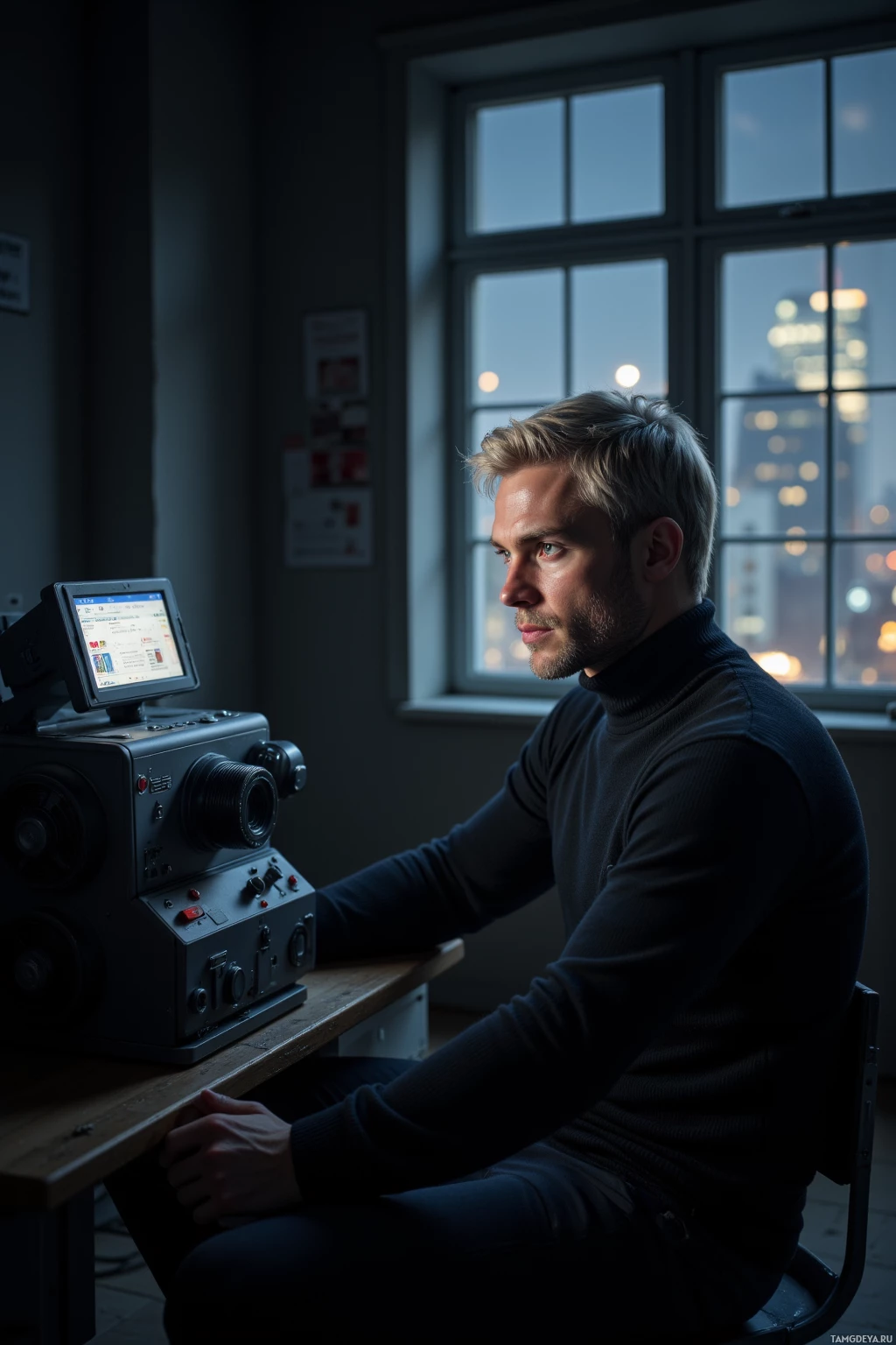 A person sits at a desk with a camera and monitor, looking out a window at a cityscape.