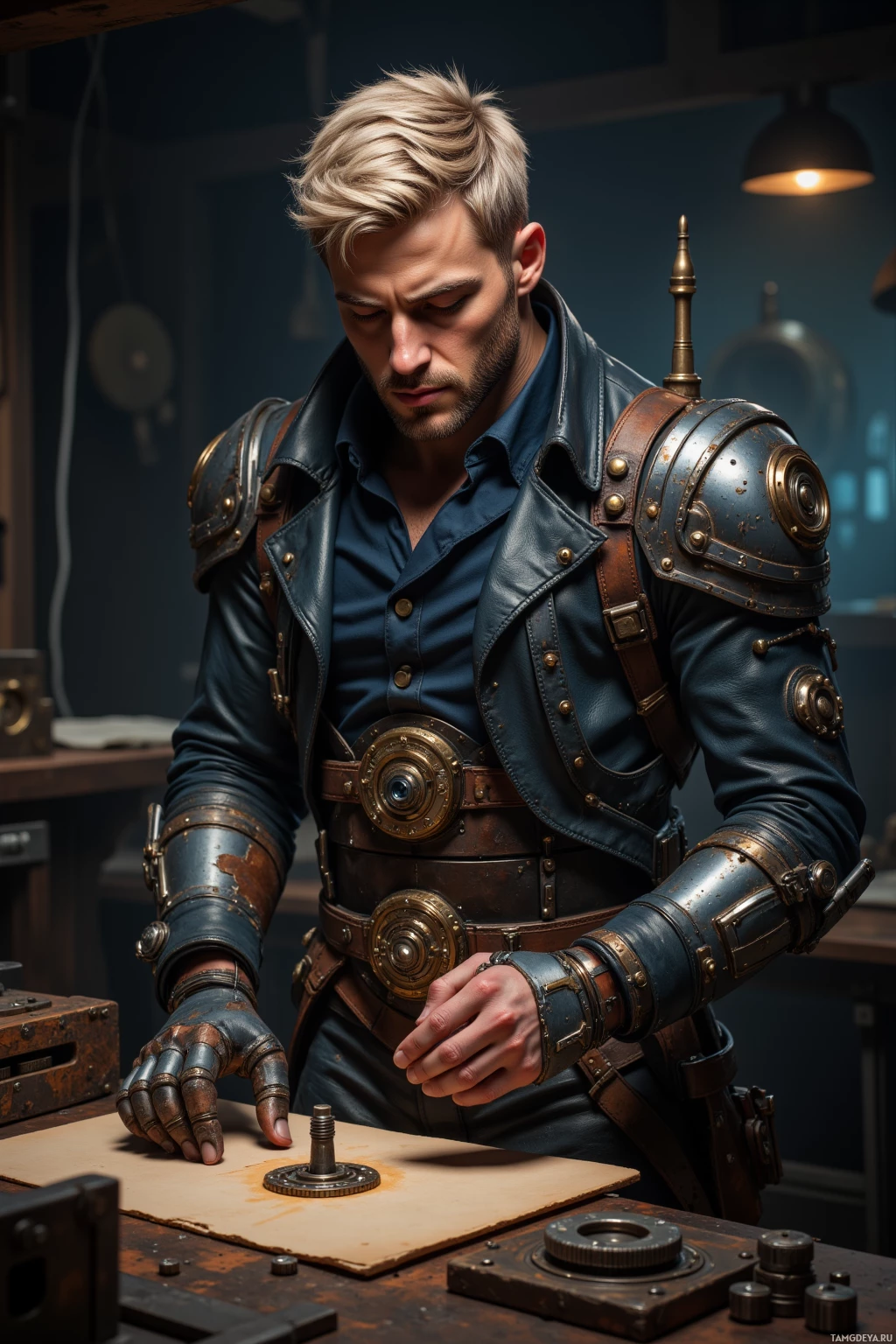 A man in a steampunk-inspired outfit is working on a mechanical device in a workshop.