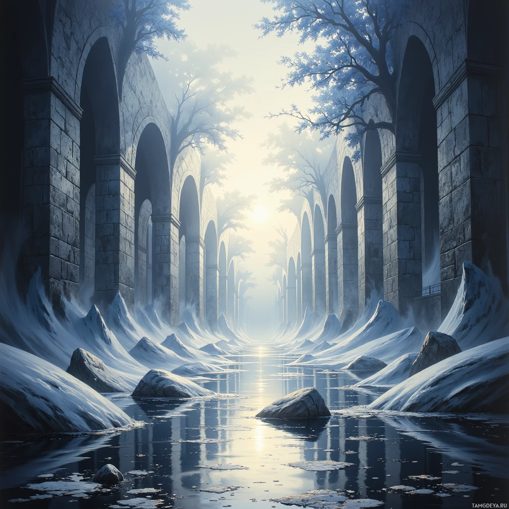 A serene scene featuring an aqueduct with snow-covered ground and trees reflecting in calm water under a bright sky.
