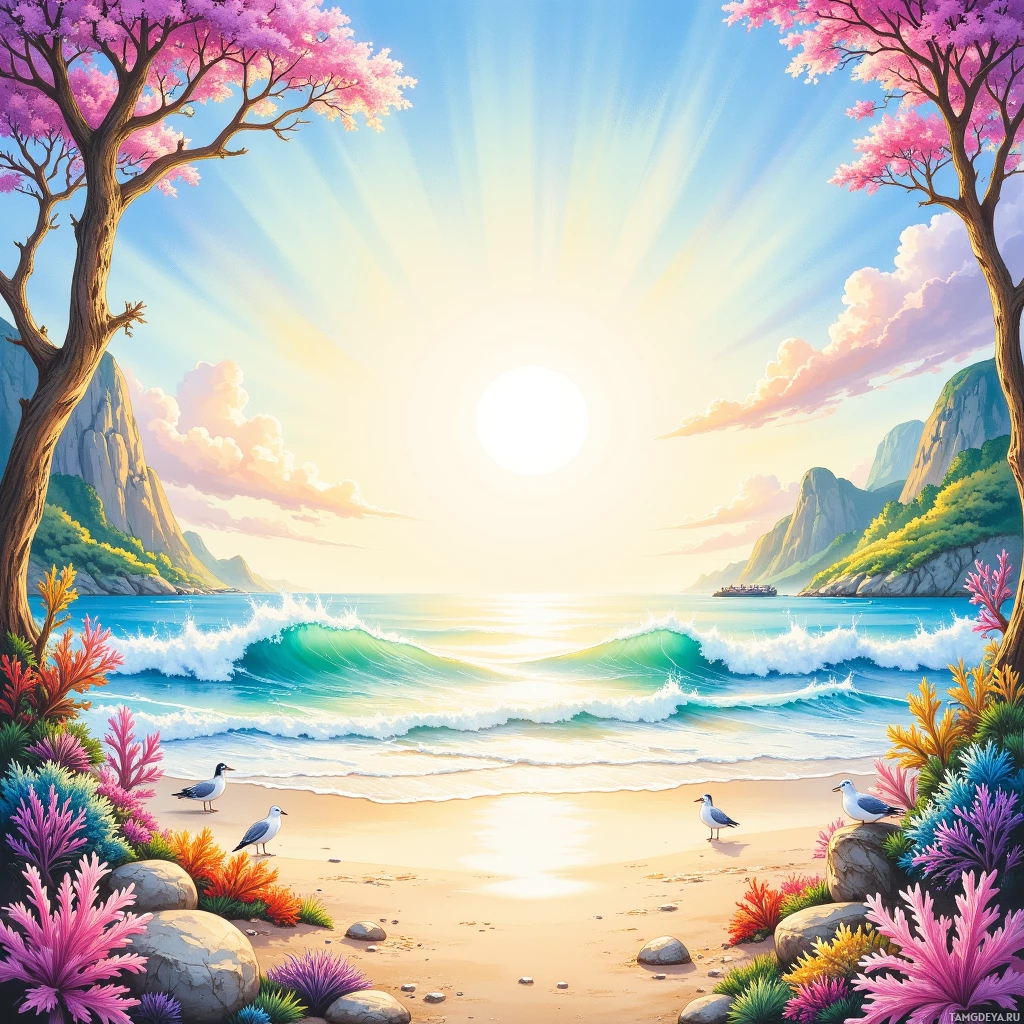 A serene beach scene with colorful coral, seagulls, and a bright sun shining over the ocean.