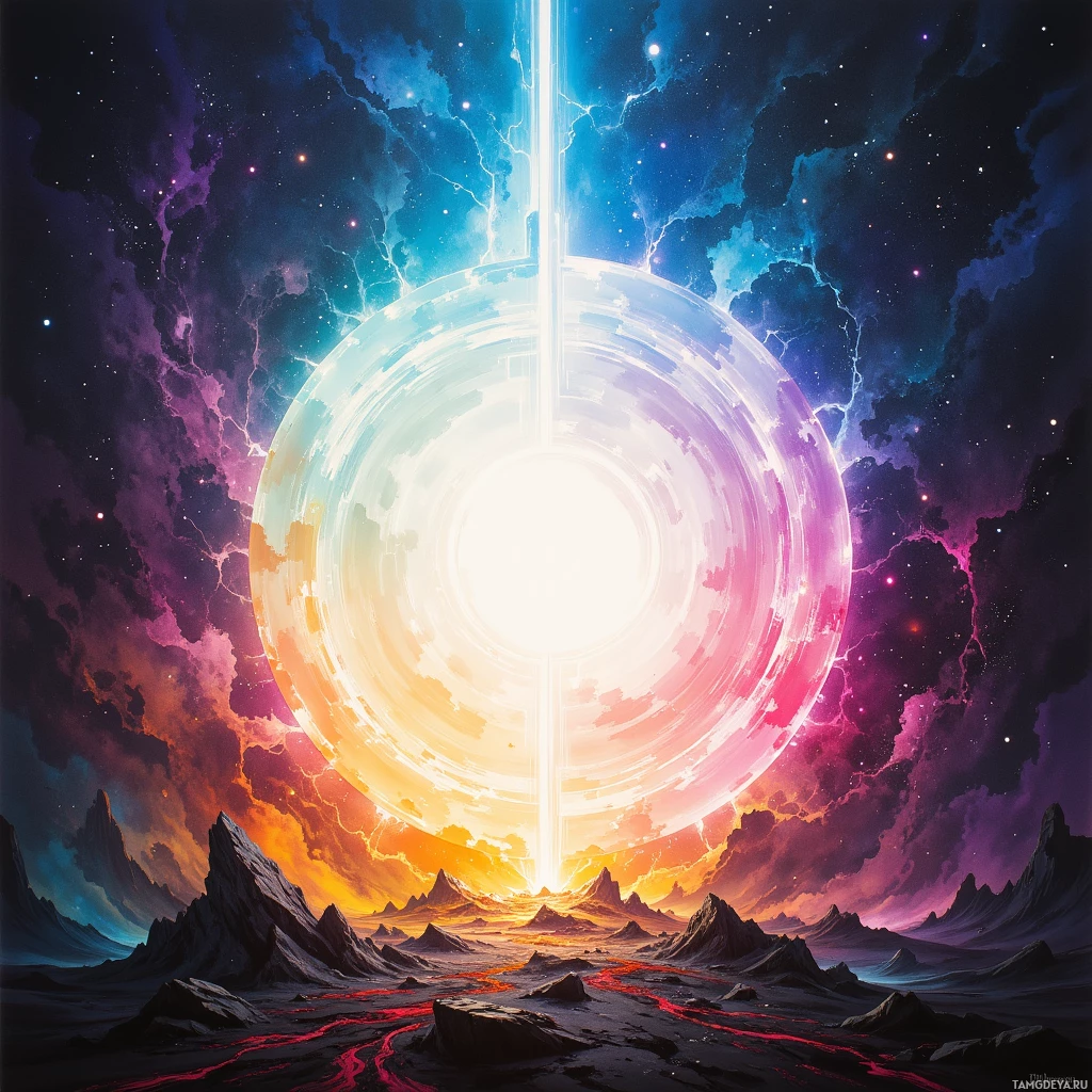 A vibrant cosmic scene featuring a glowing portal amidst a starry sky and rugged, alien terrain.