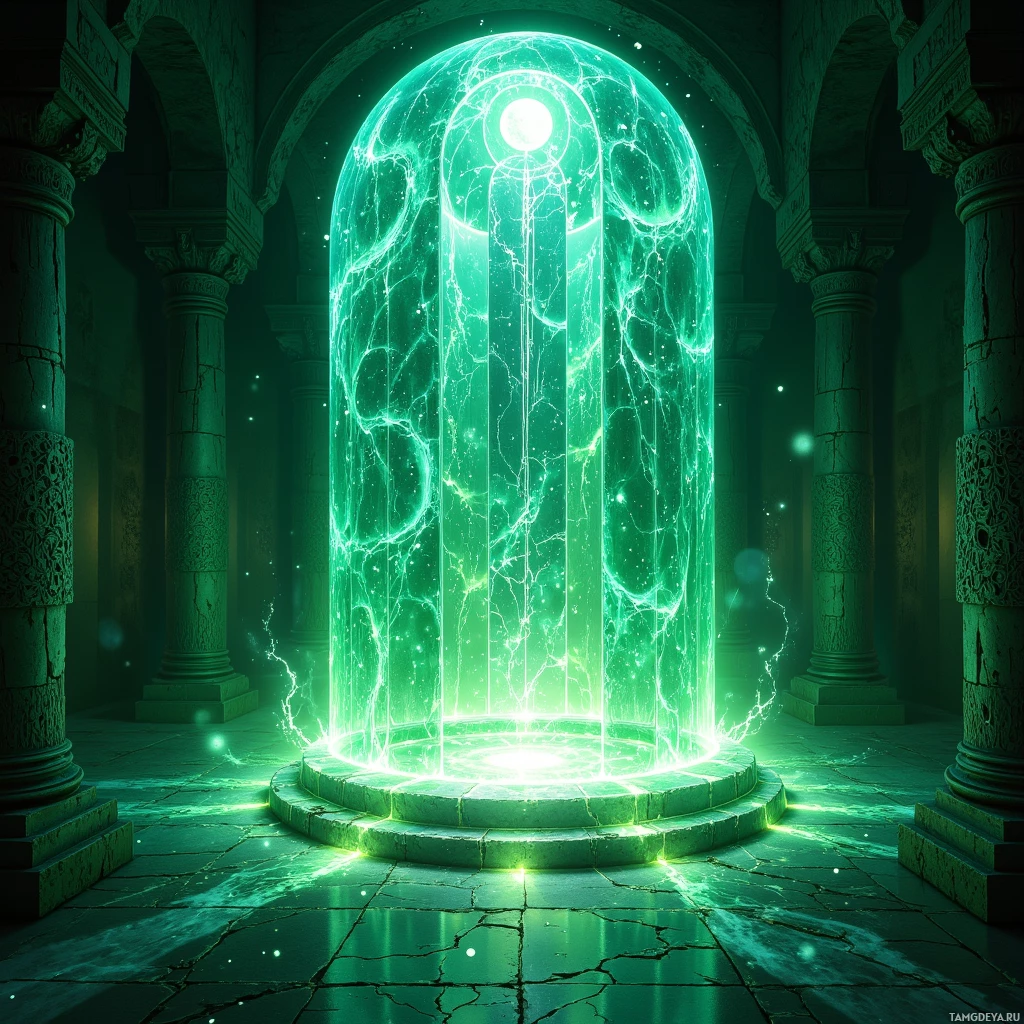 Semi-abstract image with many light, that is suitable for the post:  Translucent crystal dome with shimmering panels etched in ancient runes, refracting moonlight into a soft green bioluminescent glow, interior walls rippling with moving shadow patterns.