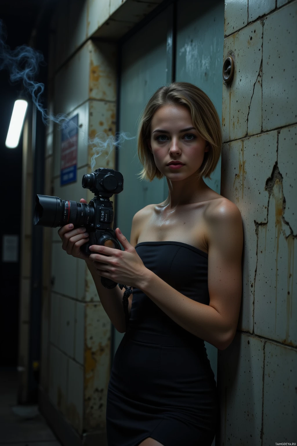 A woman in a black dress leans against a tiled wall, holding a camera with smoke rising from it.