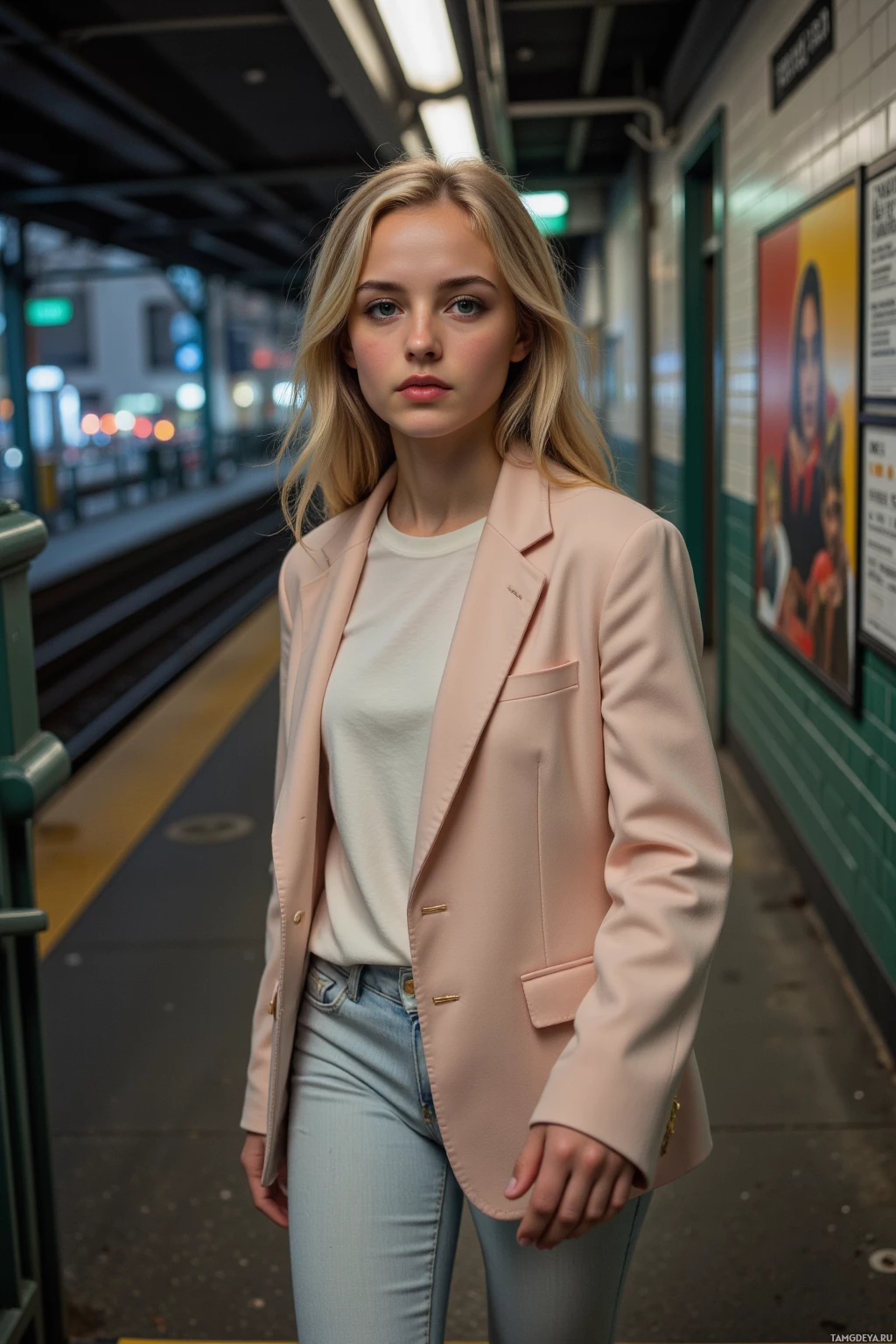 A person stands on a subway platform wearing a light pink blazer and jeans.