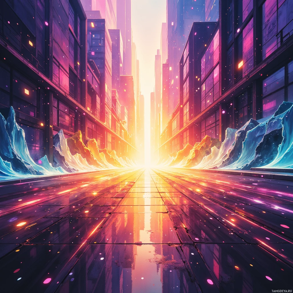 A vibrant cityscape with tall buildings and glowing lights reflected on wet pavement.