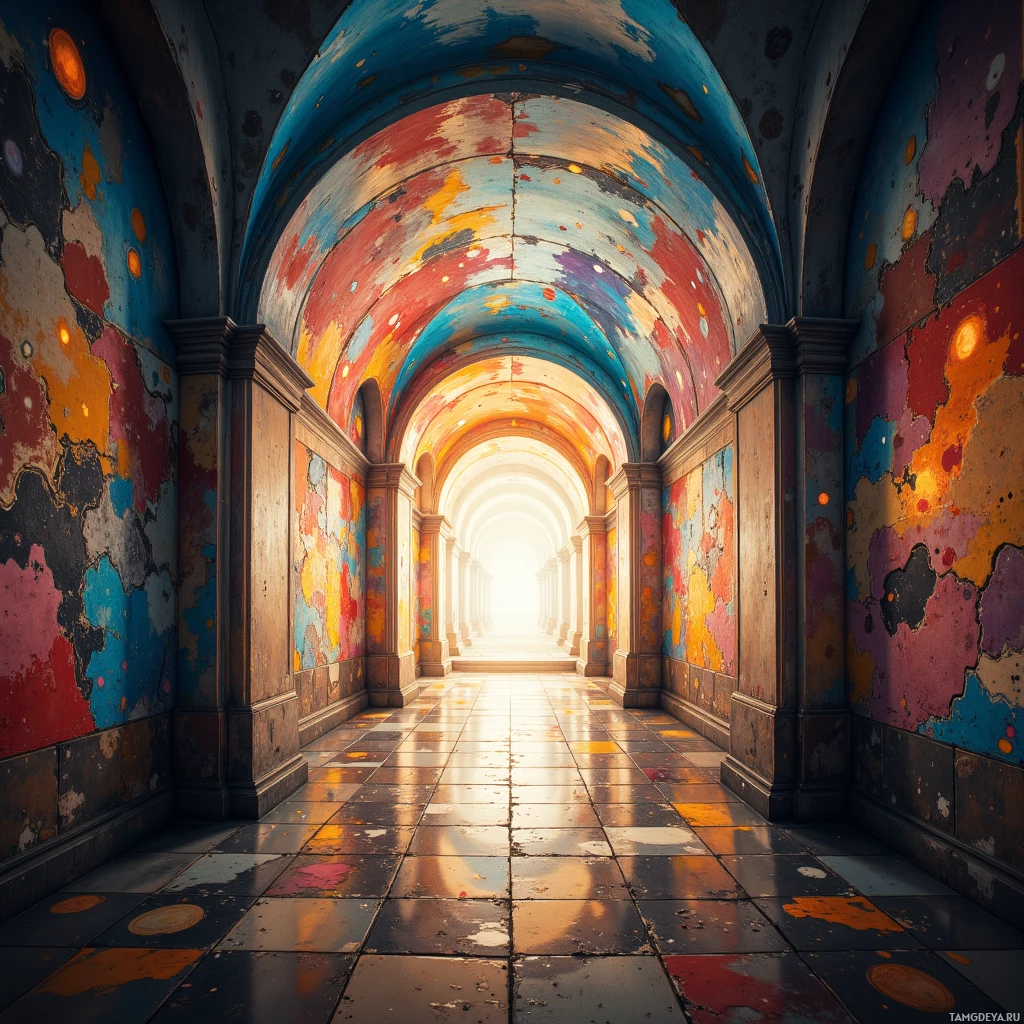 A vibrant, colorful corridor with peeling paint and a bright light at the end.
