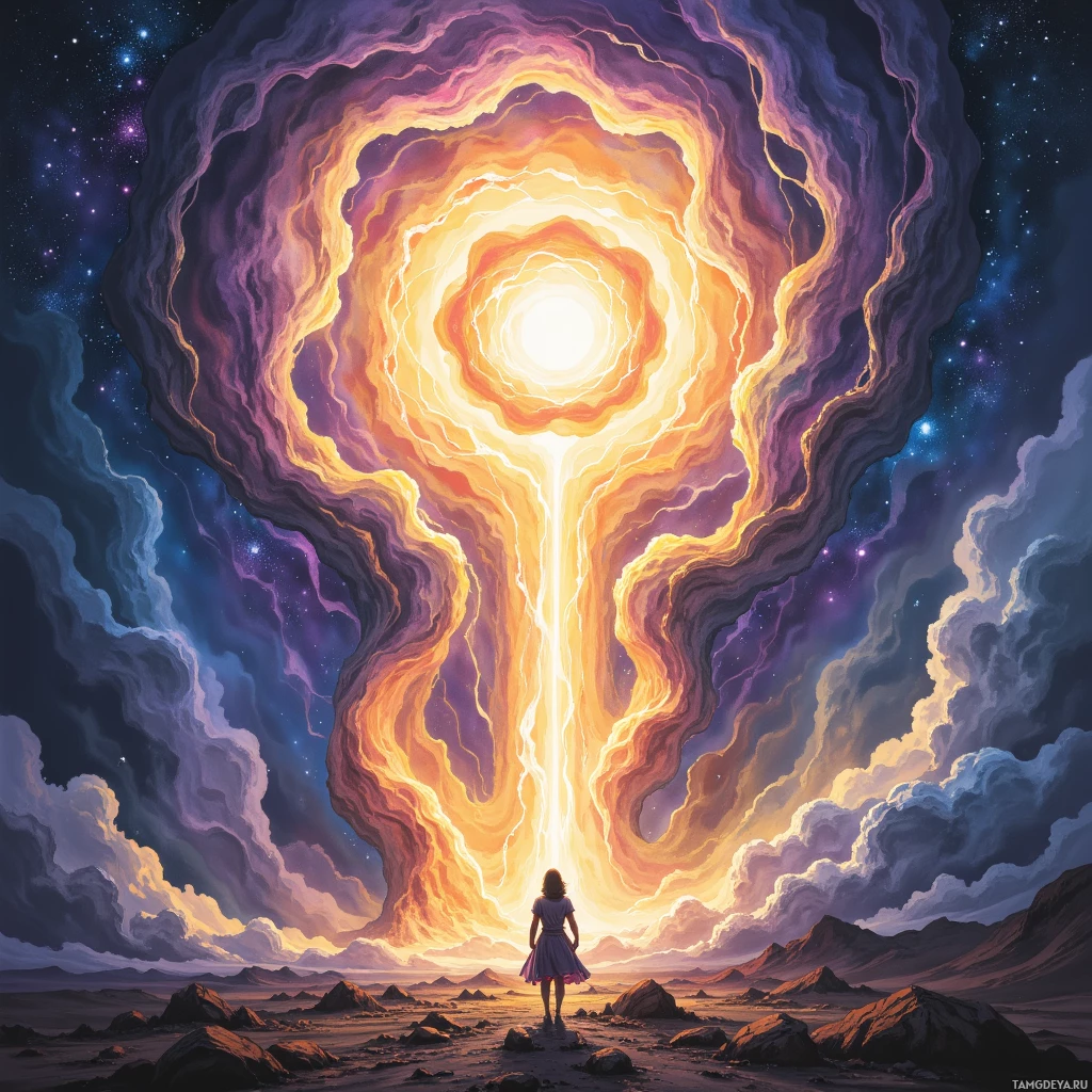 A person stands in a barren landscape, gazing at a radiant, swirling portal in the sky.