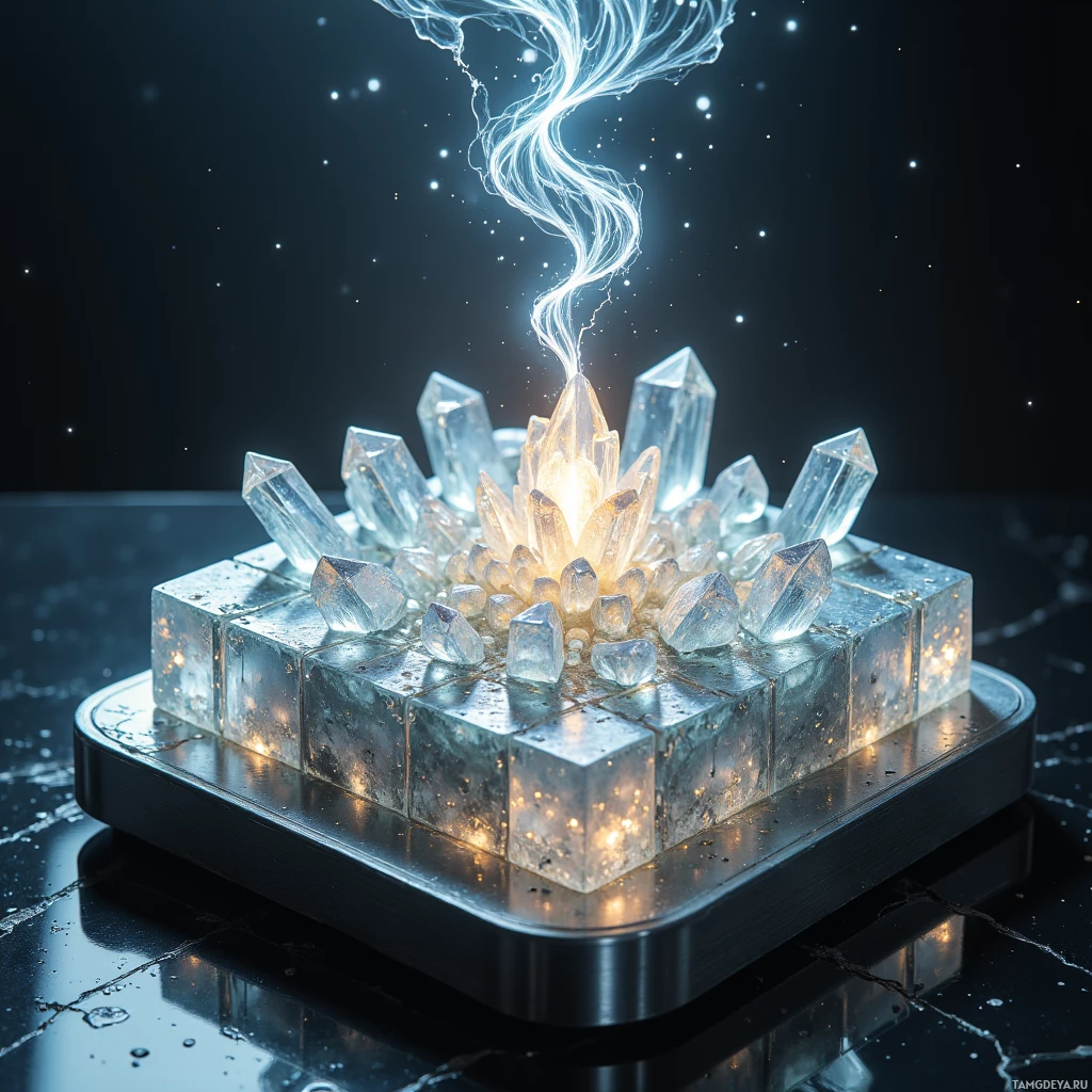 A glowing crystal structure with a swirling energy effect above it sits on a reflective surface.
