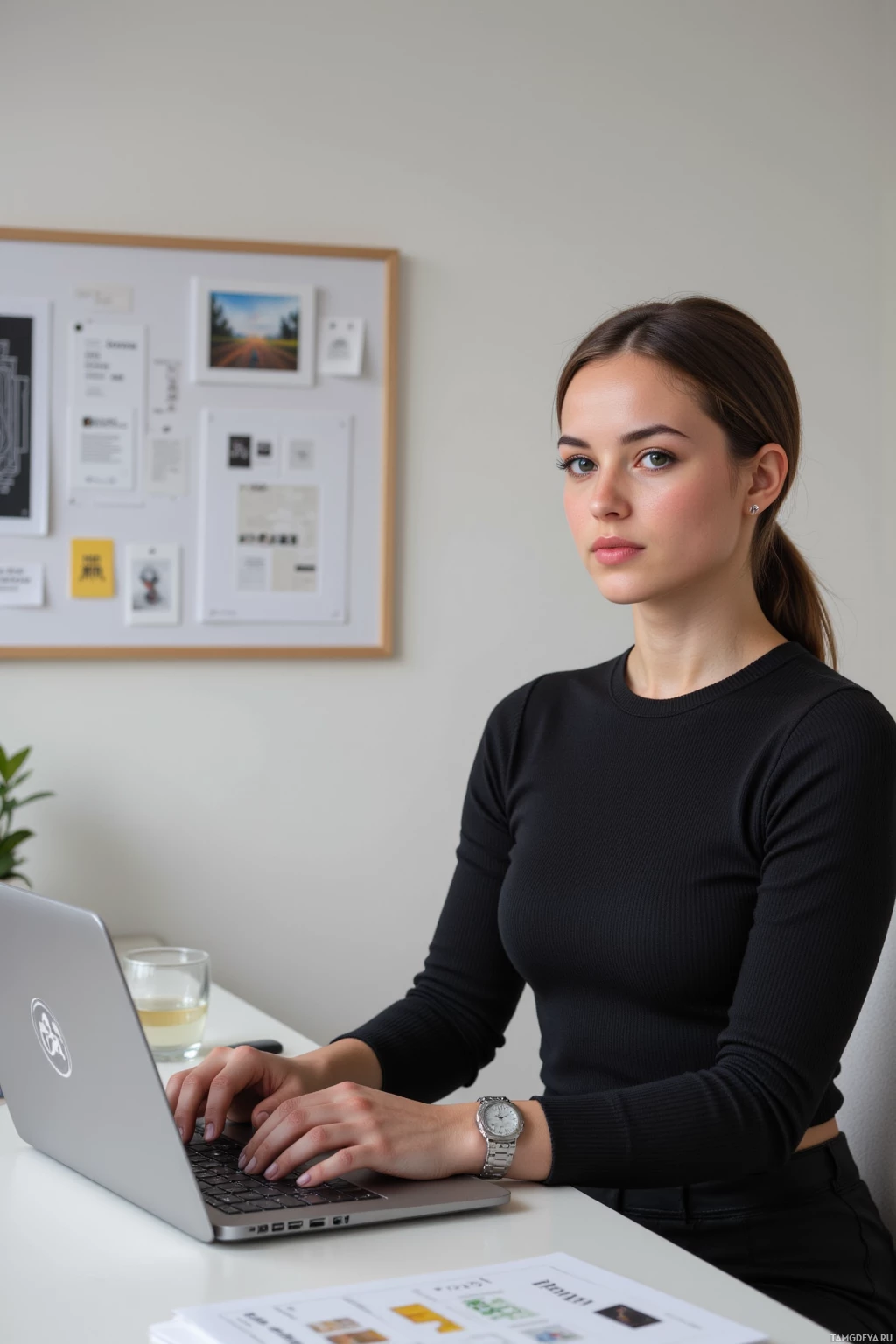 Realistic high quality photo. Portrait of a 30‑year‑old woman with dark brown hair in a sleek low ponytail, deep brown eyes, porcelain complexion, wearing a minimalist black fitted top and matching trousers, elegant heels, and a silver watch, sitting at a modern office desk at midday, typing an email on a laptop that displays a pixel‑perfect maze logo, surrounded by a printed mood board, bullet‑point notes, design briefs, and a glass of water, with a calm yet focused expression.