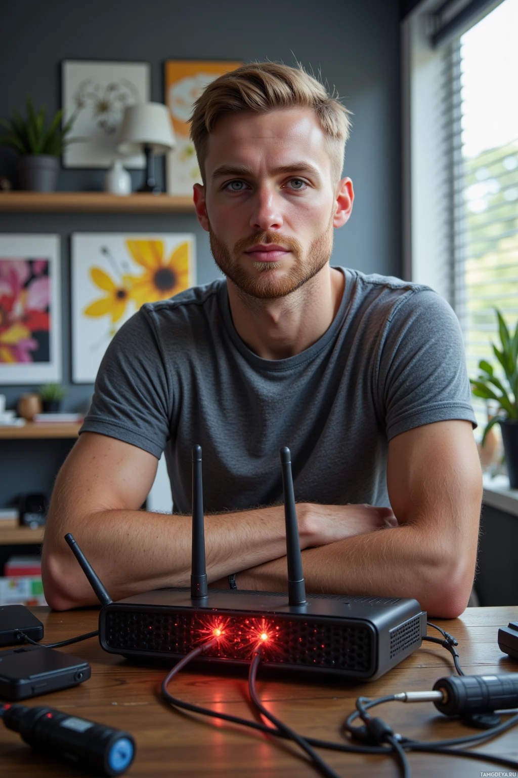 A man sits at a desk with a router and cables in front of him.