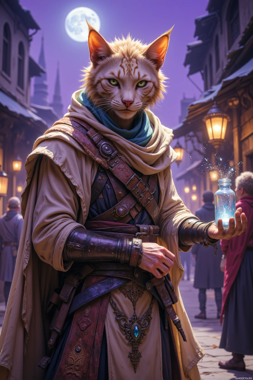 A character with feline features holds a glowing bottle in an old town setting under a full moon.