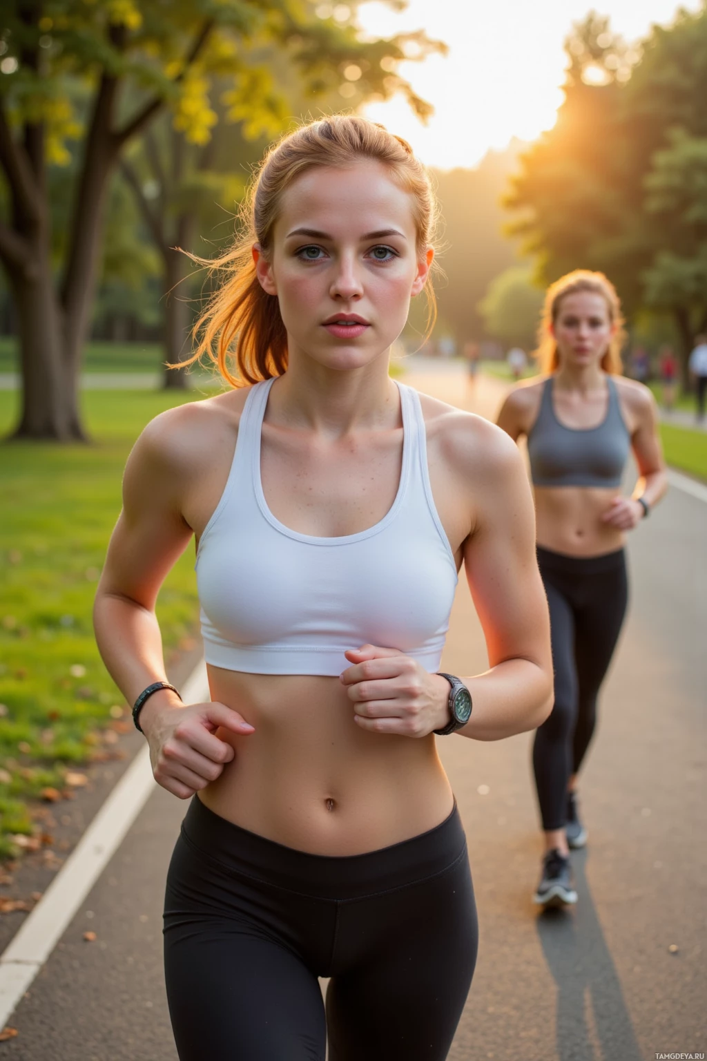 Two women jogging in a park at sunset.