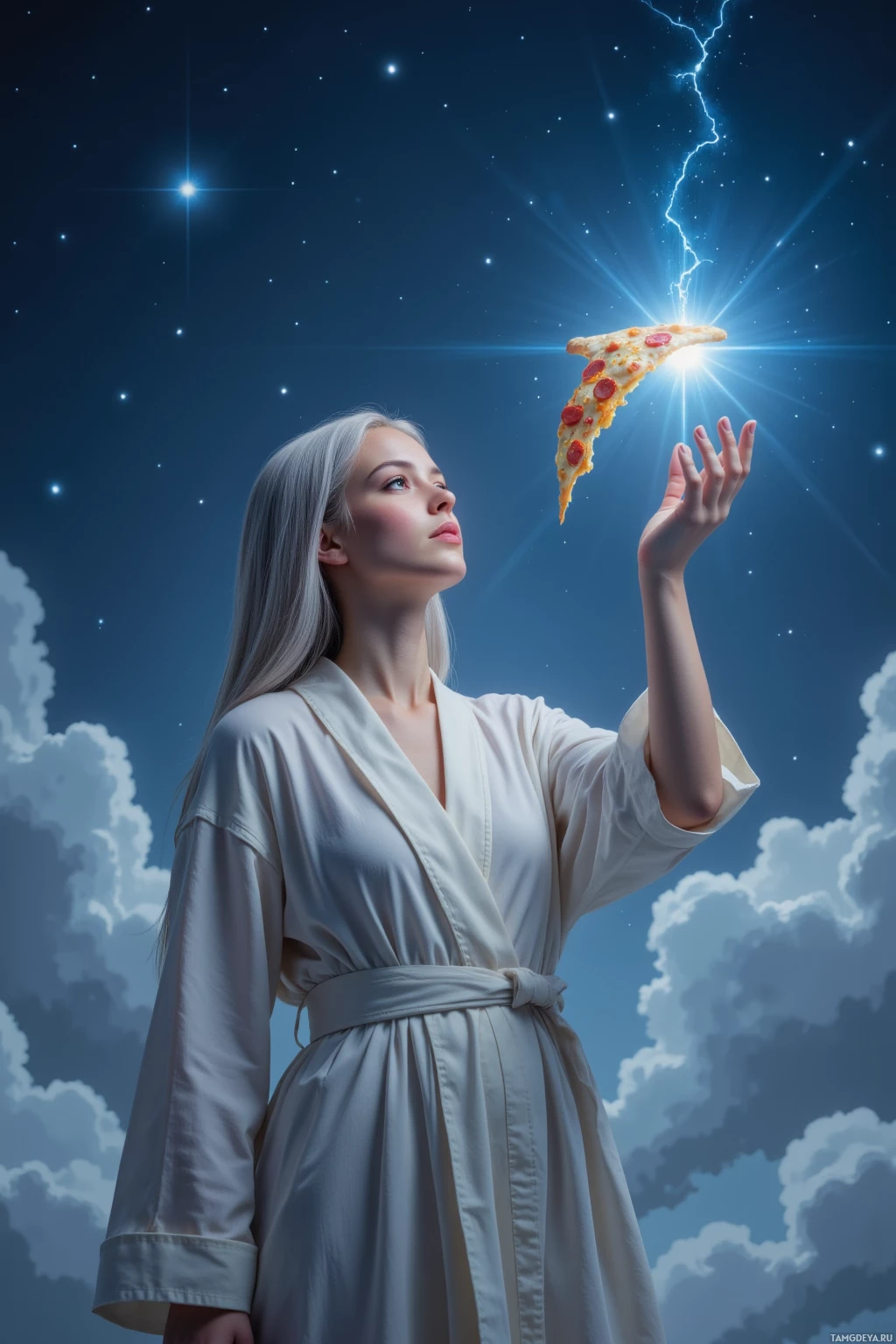 A person in a white robe reaches up towards a glowing slice of pizza against a starry night sky with lightning.
