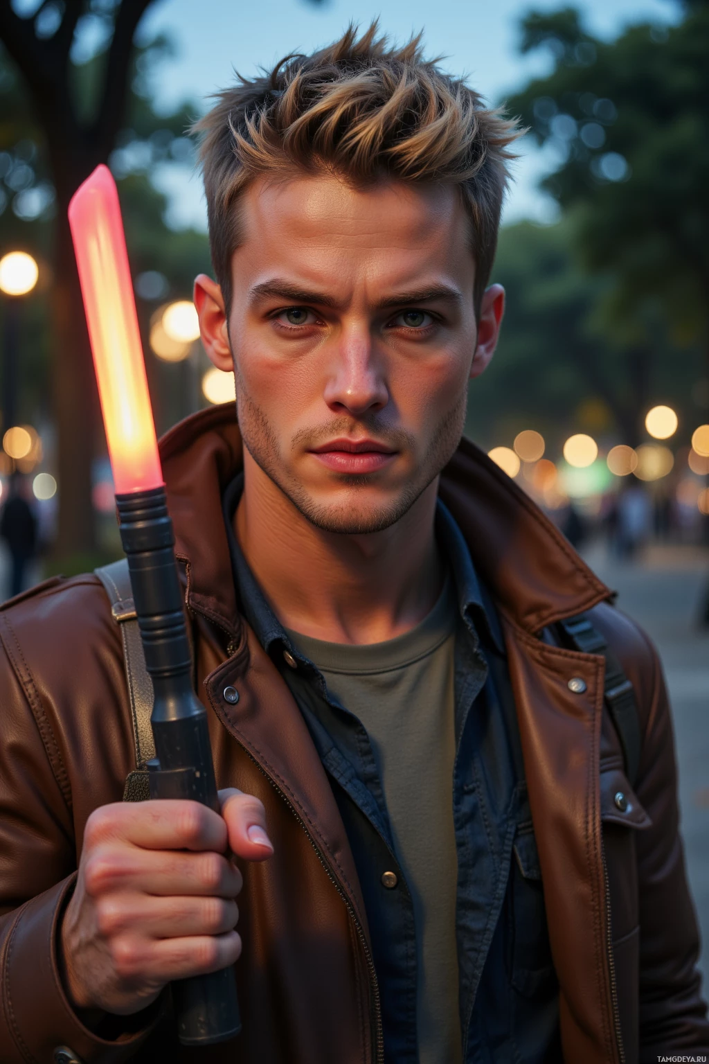 A person wearing a brown leather jacket holds a glowing red lightsaber.