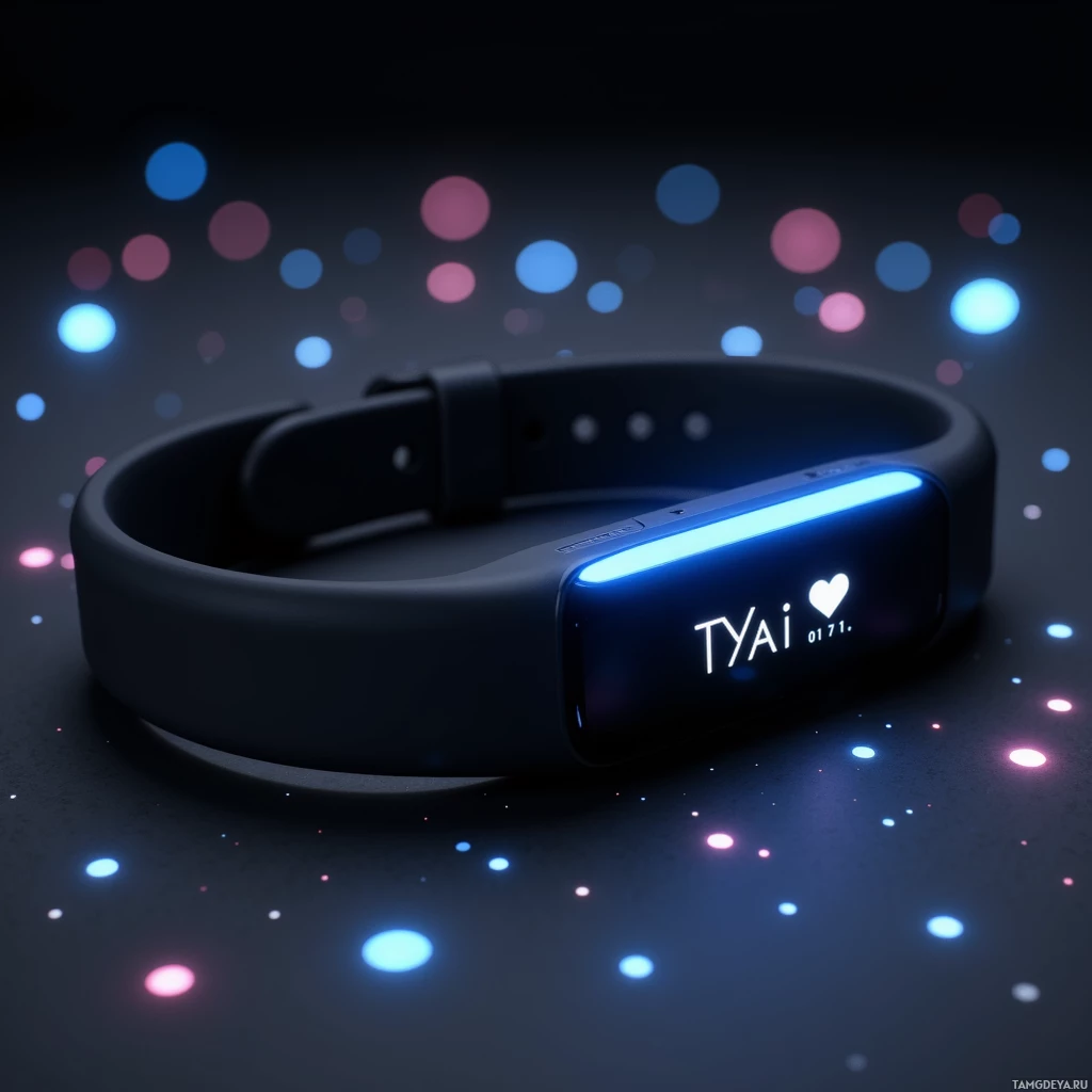 A glowing wristband with the text "TYAI" and a heart symbol displayed against a dark background with colorful bokeh lights.