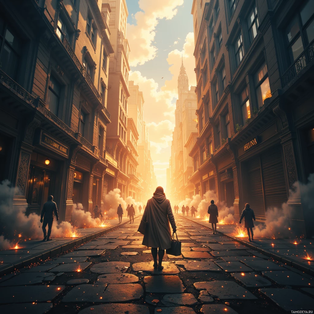 A person walks down a cobblestone street amidst smoke and fire in an urban setting with tall buildings under a dramatic sky.