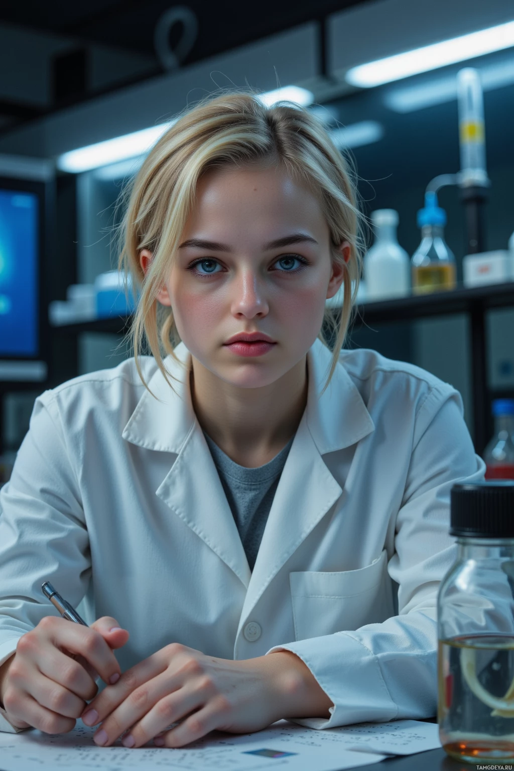 A person in a lab coat is sitting at a desk with a pen and a beaker, in a laboratory setting.