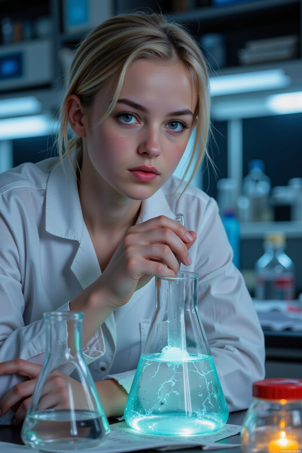 A person in a lab coat is holding a beaker with a glowing blue liquid in a laboratory setting.