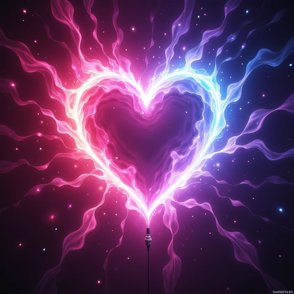 A glowing heart-shaped figure with flowing, wavy lines and small sparkles against a dark background.