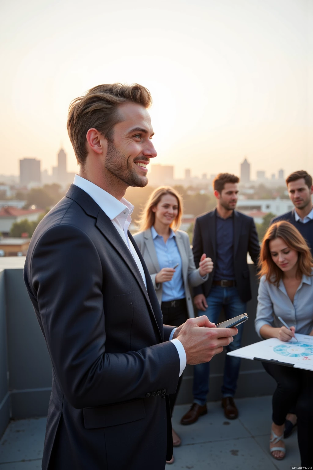 A man in a suit smiles while holding his phone on a rooftop with colleagues and cityscape in the background.