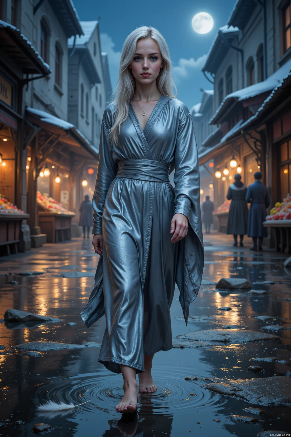 A person in a metallic robe walks barefoot through a snowy, moonlit street market.