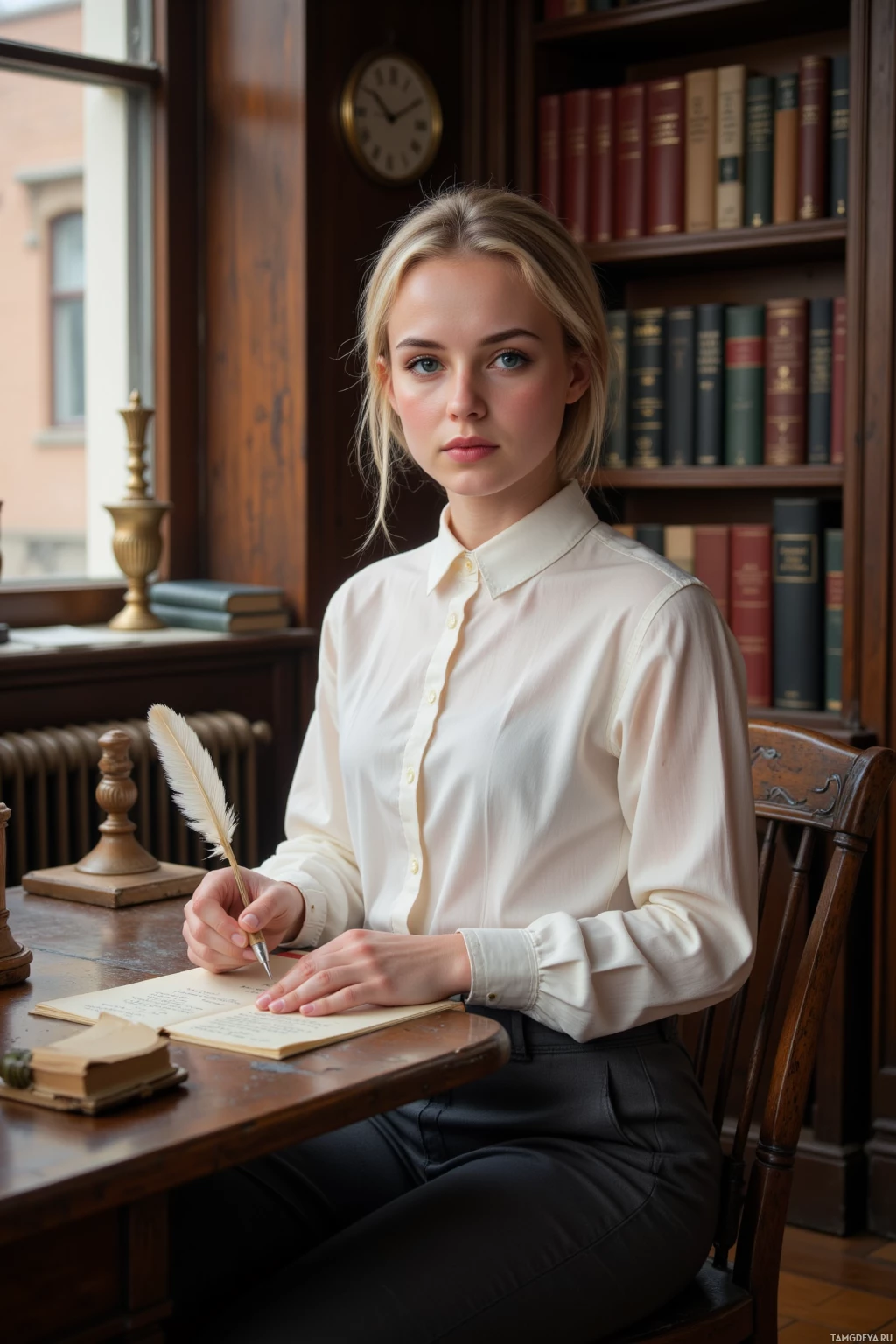 Realistic high quality photo. 26‑year‑old woman with blonde hair in a neat bun, bright blue eyes, pale skin, wearing a crisp white blouse and dark tailored pants, seated at an old wooden desk in a quiet library with a radiator humming softly, holding a vintage quill beside stacks of books under warm amber light.