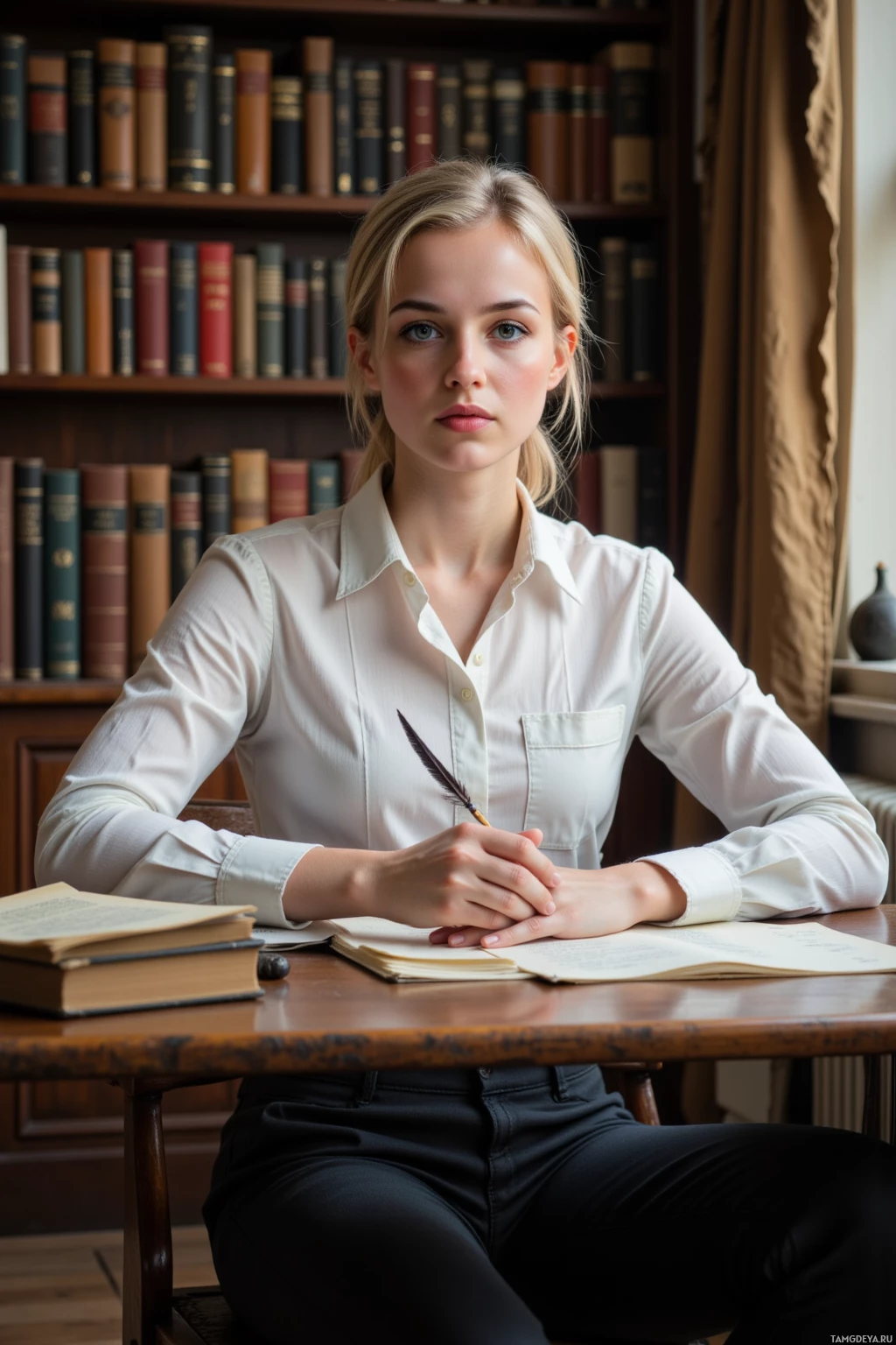 Realistic high quality photo. 26‑year‑old woman with blonde hair in a neat bun, bright blue eyes, pale skin, wearing a crisp white blouse and dark tailored pants, seated at an old wooden desk in a quiet library with a radiator humming softly, holding a vintage quill beside stacks of books under warm amber light.
