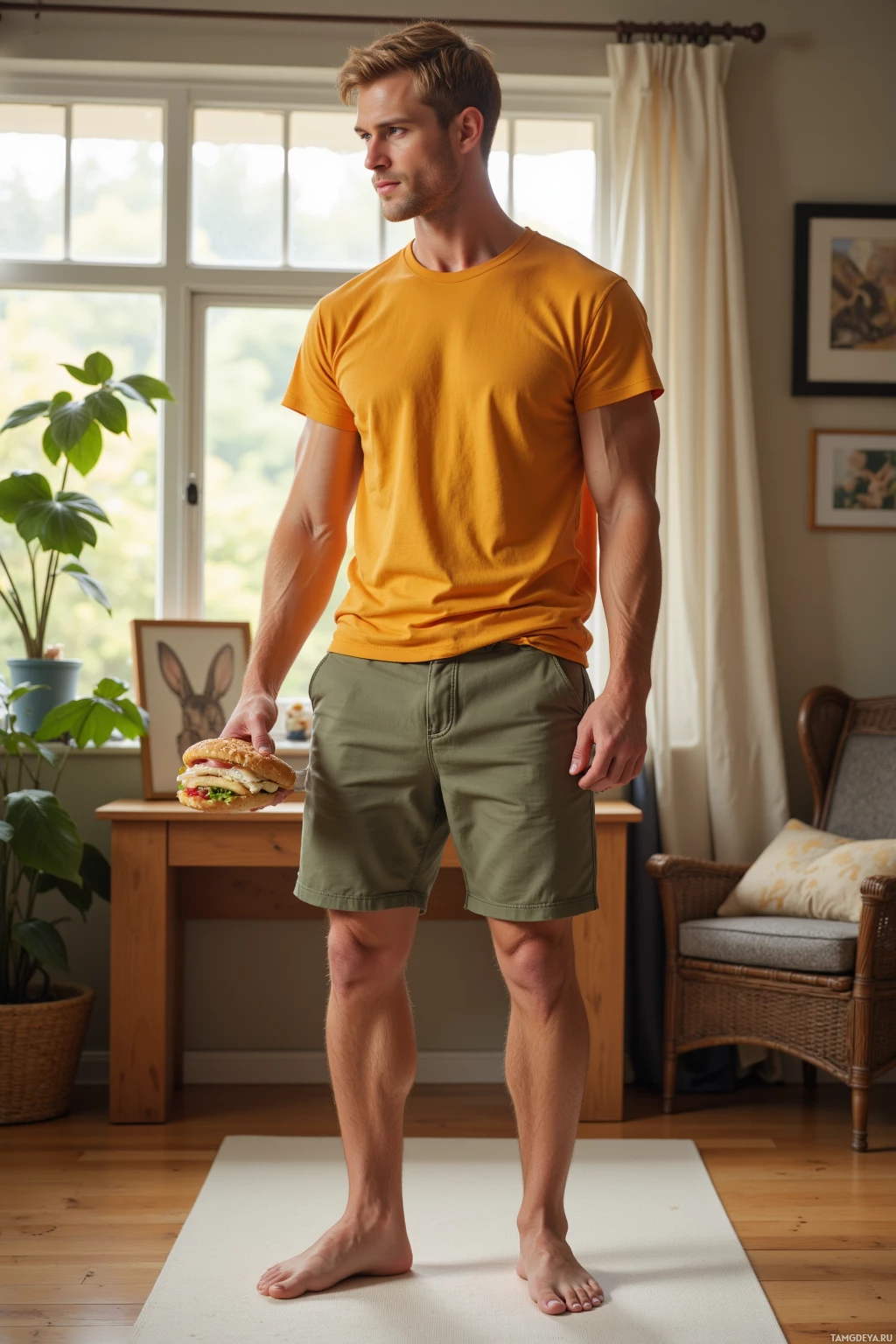 A man stands on a yoga mat in a room holding a burger.