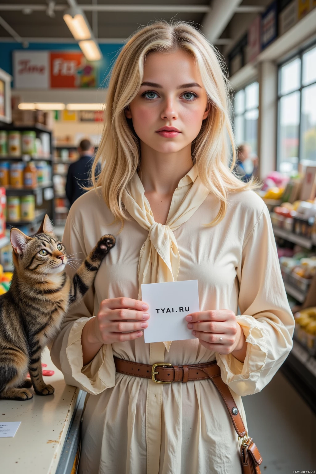 A person in a grocery store holds up a card with "TYAI.RU" written on it while a cat sits nearby.