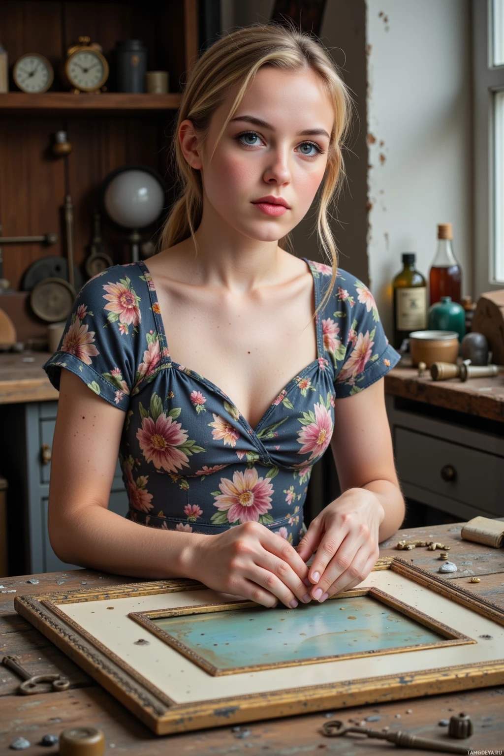A person wearing a floral dress is working on an old picture frame at a wooden table with various tools and items around them.