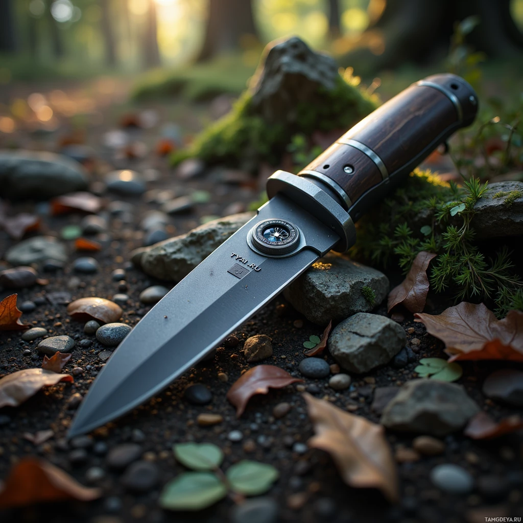 A tactical knife with a wooden handle lies on a forest floor amidst rocks and fallen leaves.