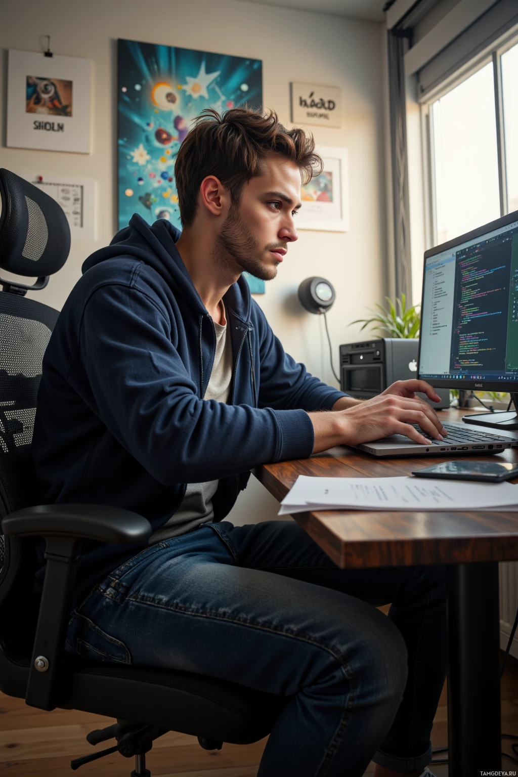 A person is sitting at a desk working on a laptop with code visible on the screen.