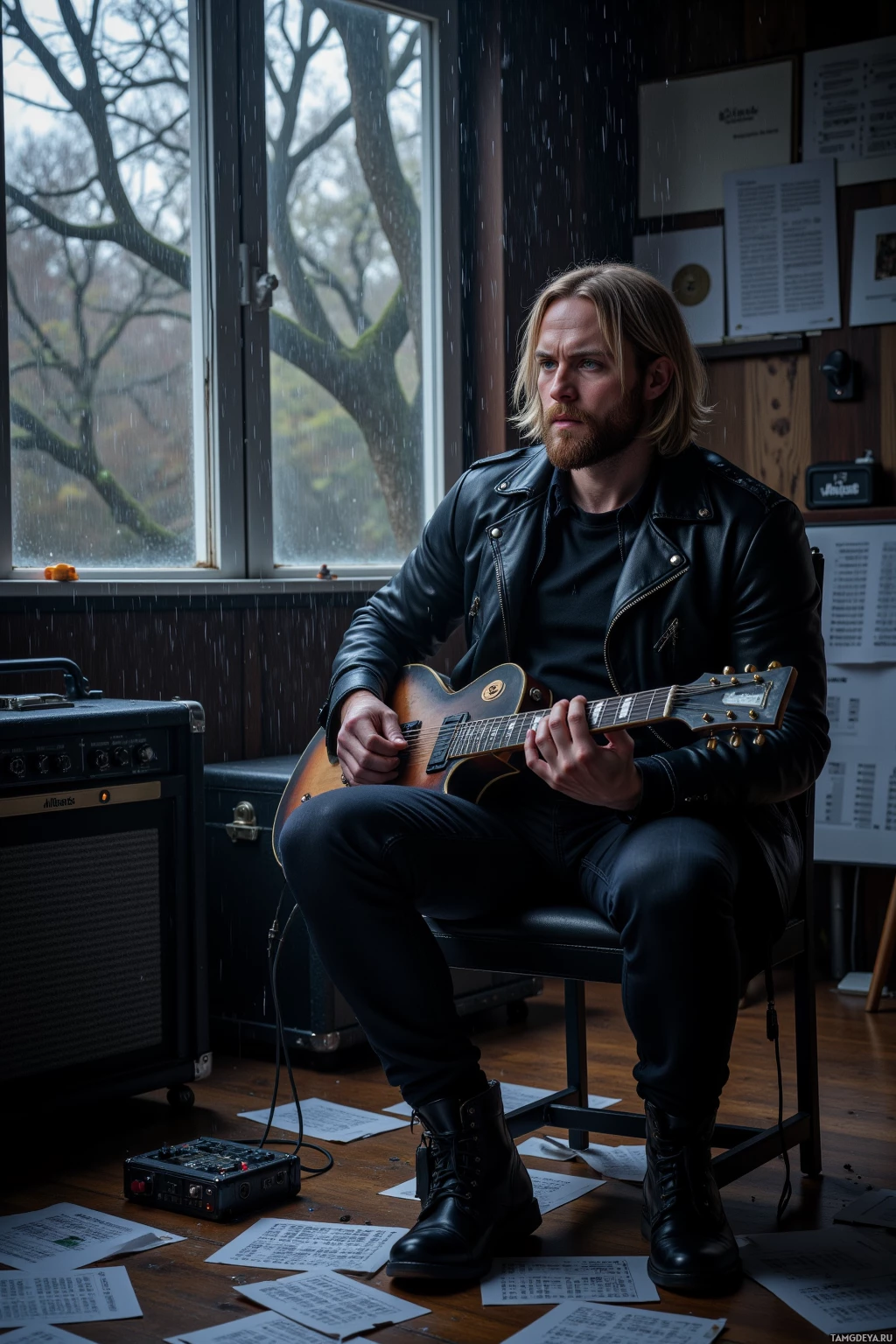 A person sits in a chair playing a guitar in a room with a window showing rain.