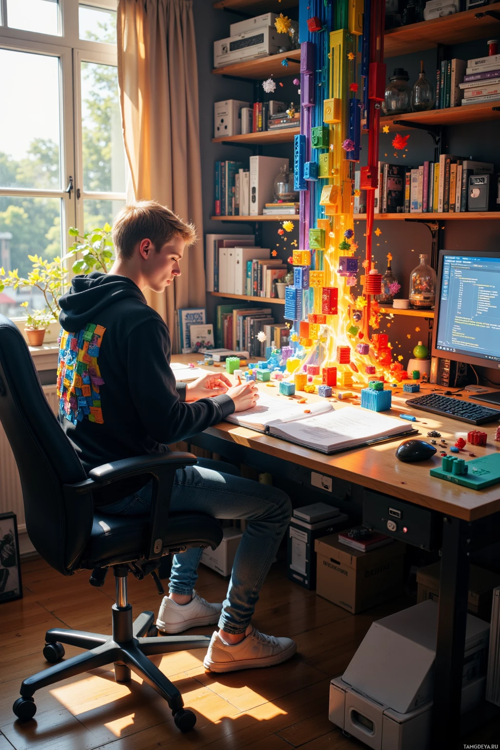 A person sits at a desk surrounded by colorful LEGO structures and books, working on a computer in a well-lit room with shelves filled with items.