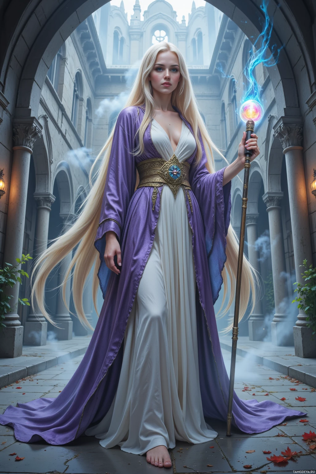 A woman in a purple and white robe holds a glowing staff, standing in an archway with a castle in the background.