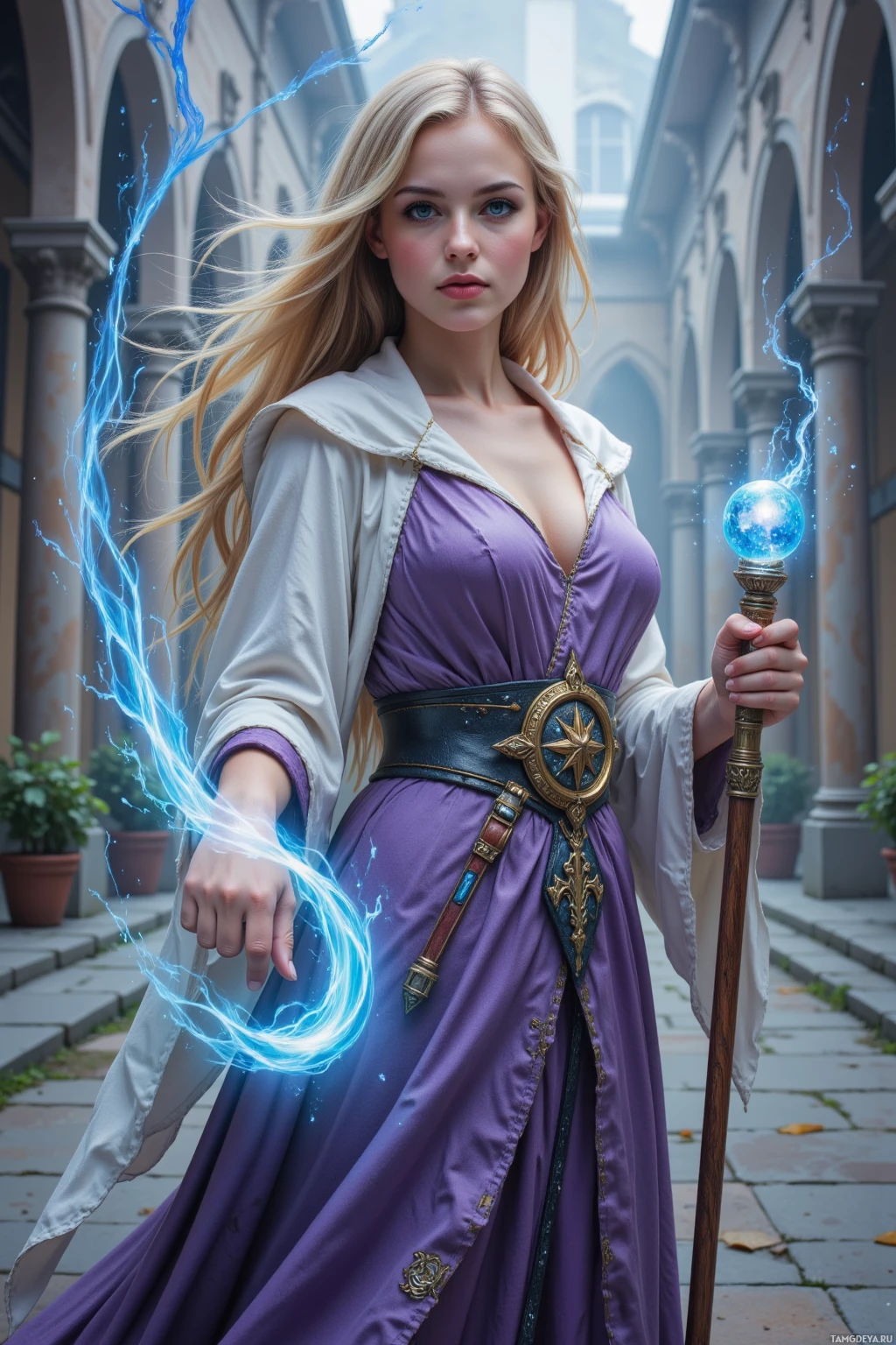 A person in a purple and white robe holds a staff with blue energy emanating from it, standing in an archway.
