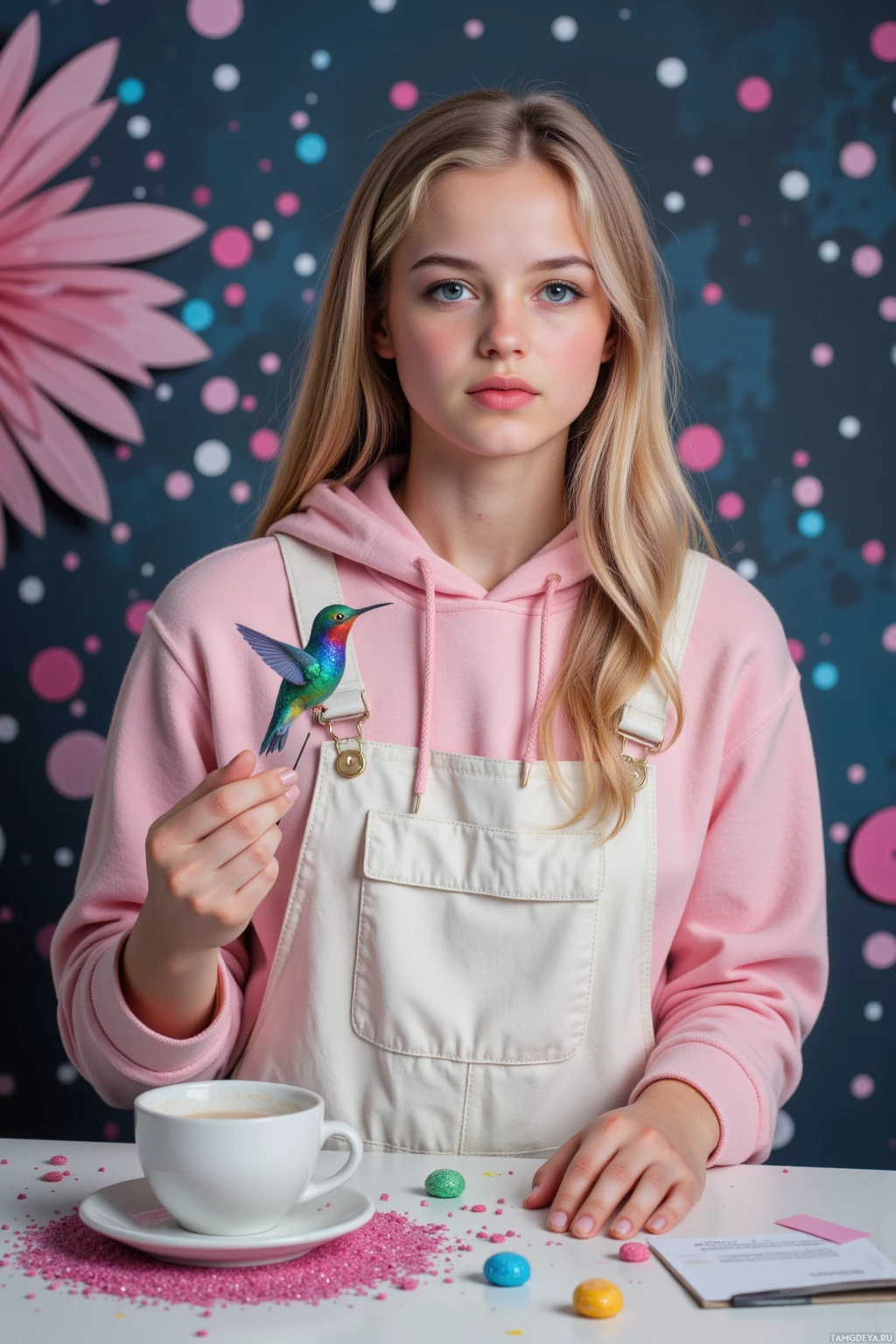 A person wearing a pink hoodie and white overalls holds a small bird figurine while sitting at a table with a cup of coffee and colorful candies scattered around.