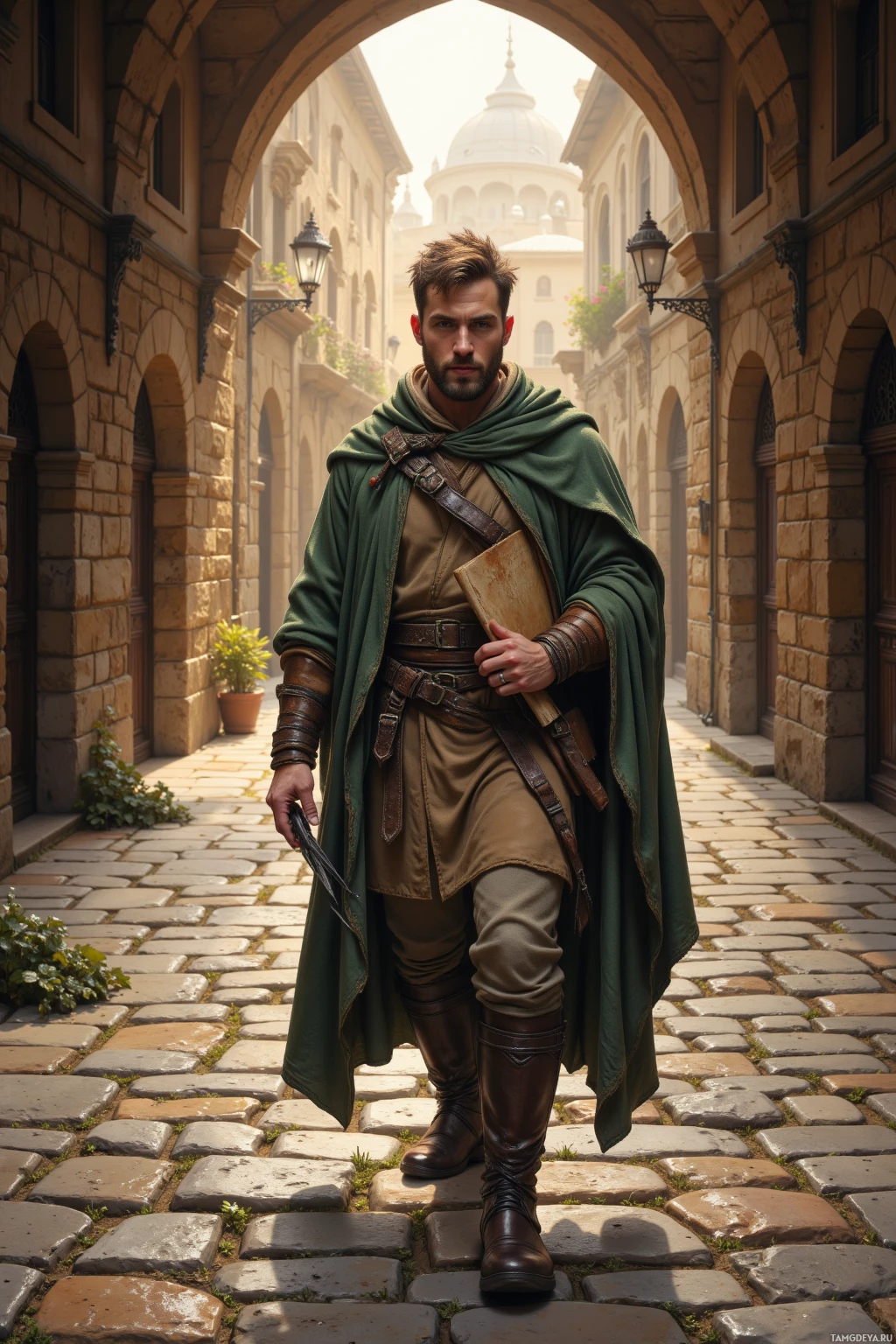 A person in medieval attire stands on cobblestone pavement under an archway with buildings and a dome visible in the background.
