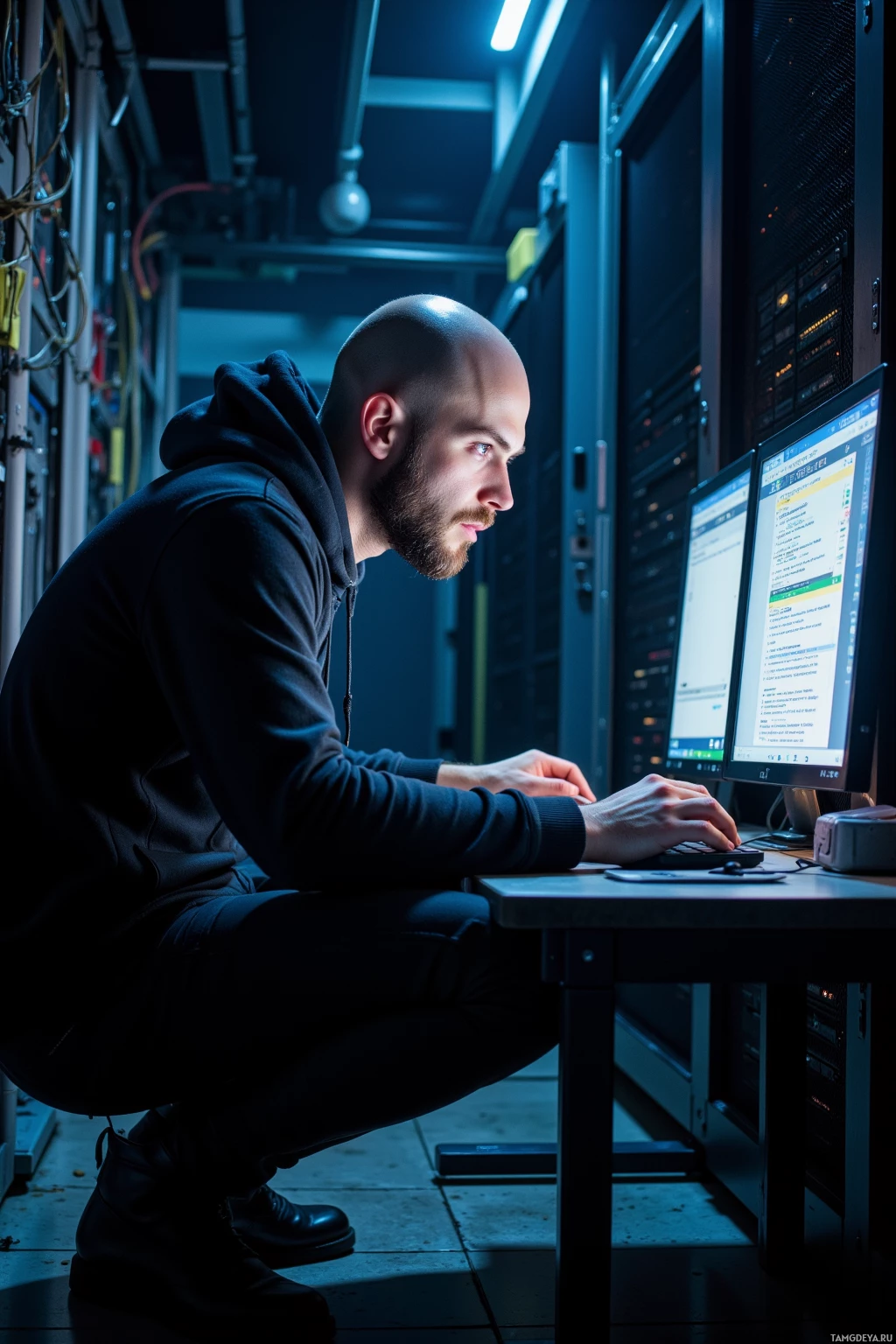 A man in a hoodie is working on a computer in a server room.