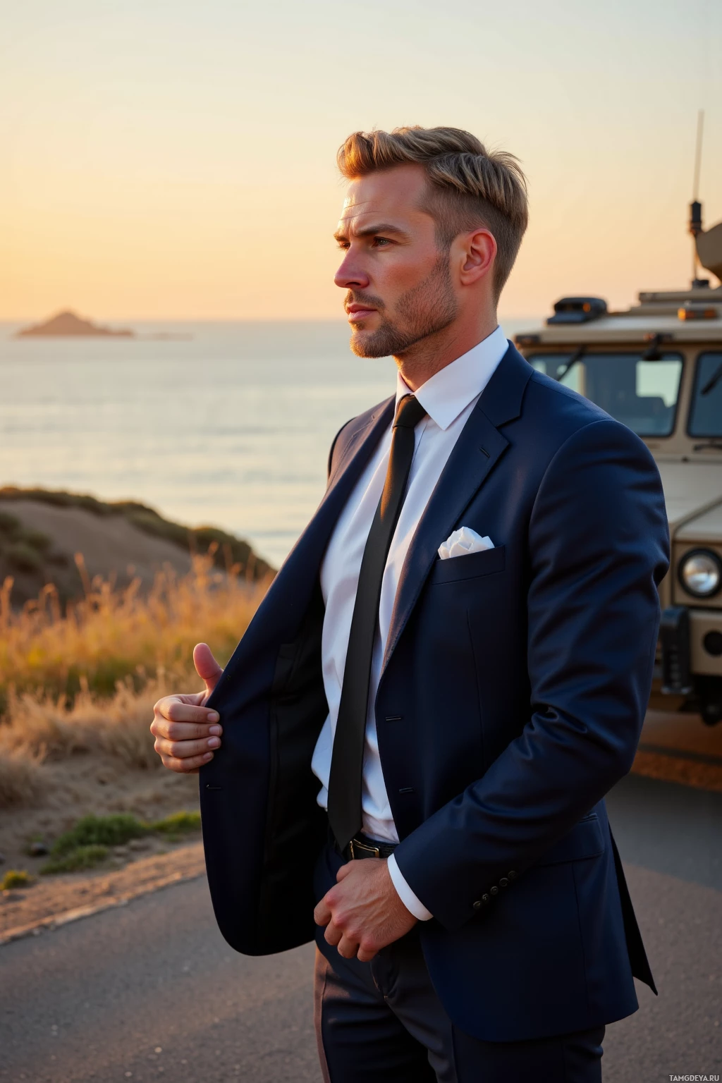 A man in a navy suit stands by the sea at sunset.