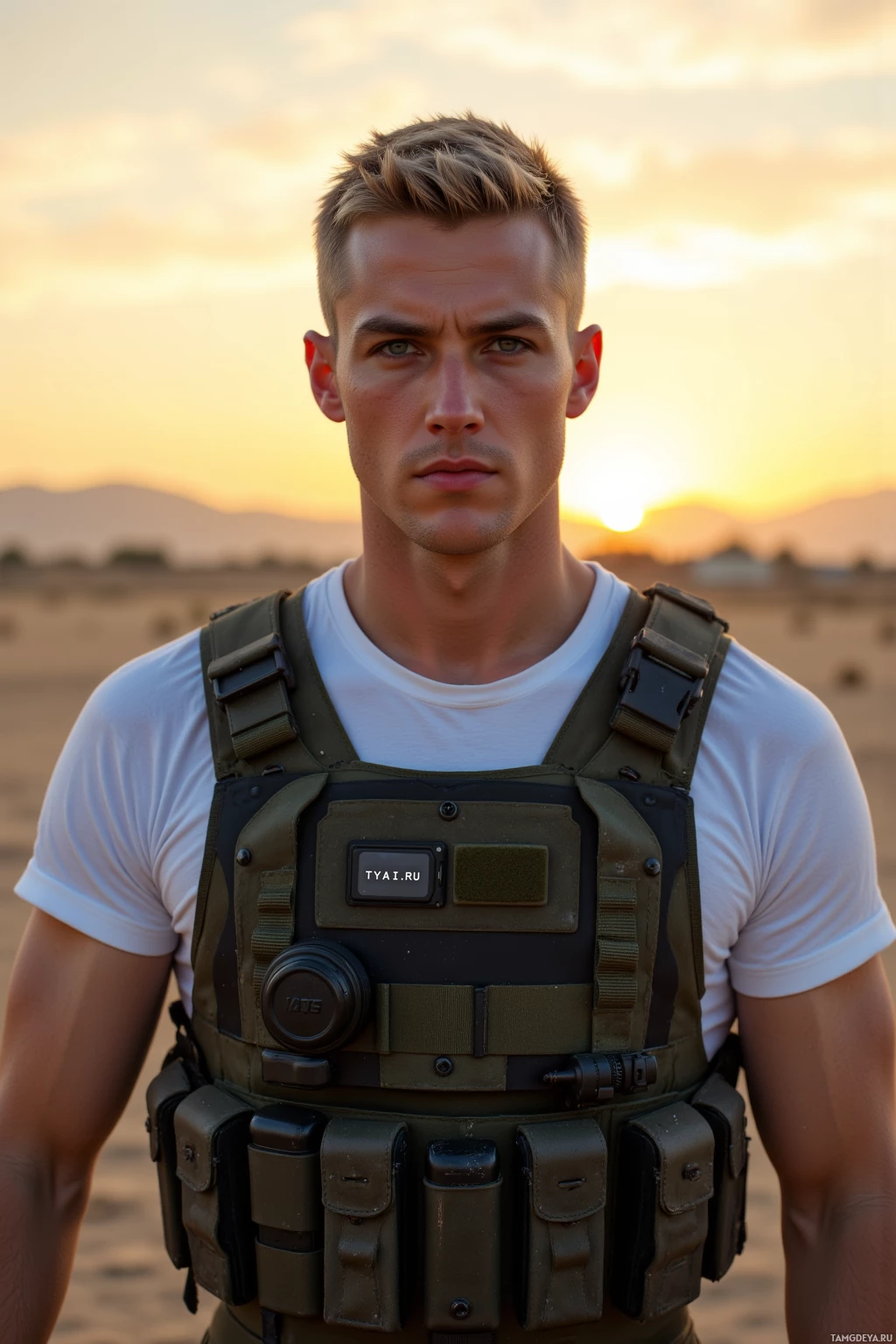 A person wearing tactical gear stands in front of a desert sunset backdrop.