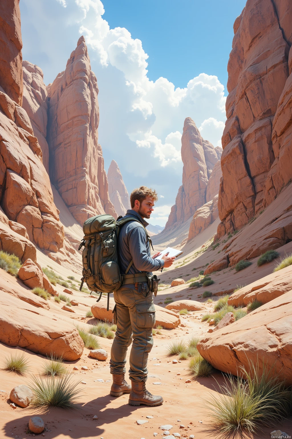 A person with a backpack stands in a desert canyon, holding a tablet.