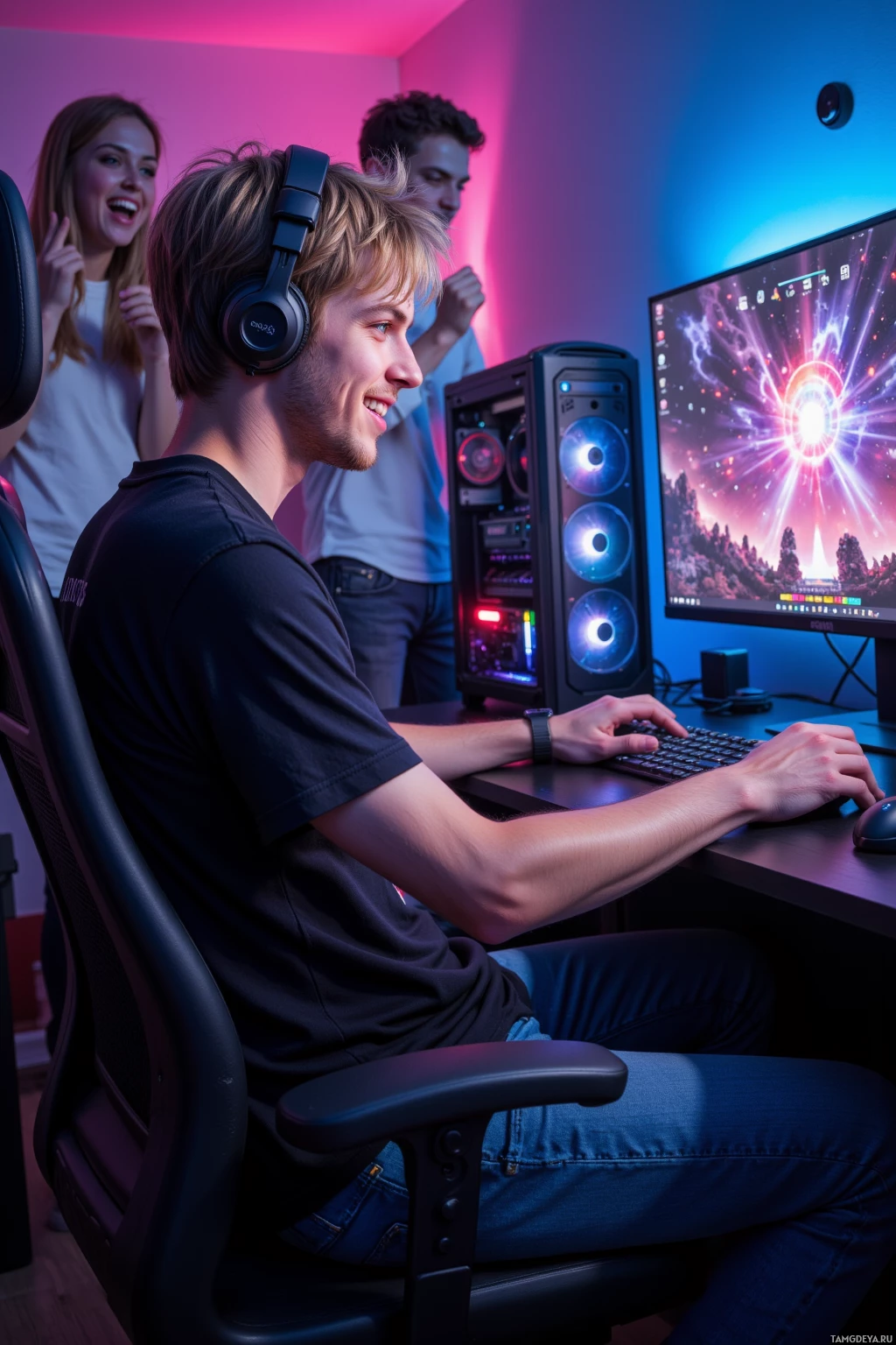 A person is seated at a desk, wearing headphones and using a computer, with two others in the background.