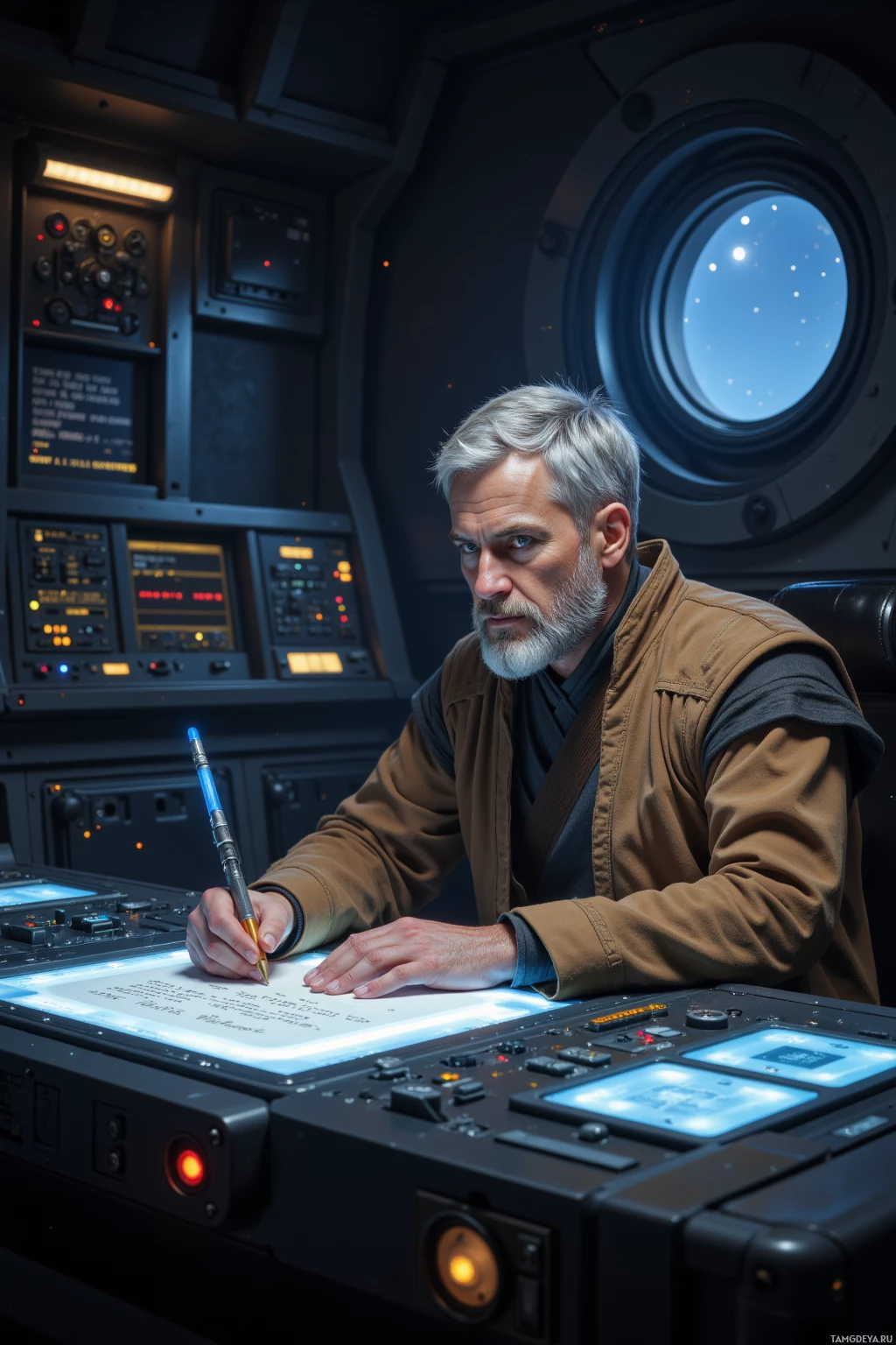 Realistic high quality photo. Male, 57, short graying hair, piercing blue eyes, wearing simple yet elegant Jedi robes in earthy tones with subtle embroidery, seated at a holographic console in a dimly lit spaceship engine room with the hum of engines, calmly drafting an envoy's message, his posture serene and focused, surrounded by faint glow of control panels and distant stars visible through a porthole.