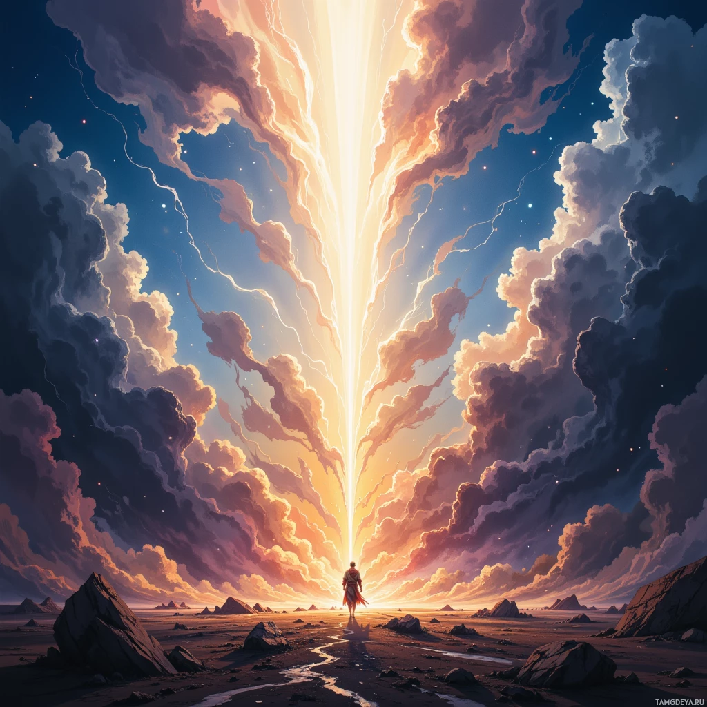 A lone figure stands in a barren landscape under a dramatic sky with a radiant light beam piercing through the clouds.