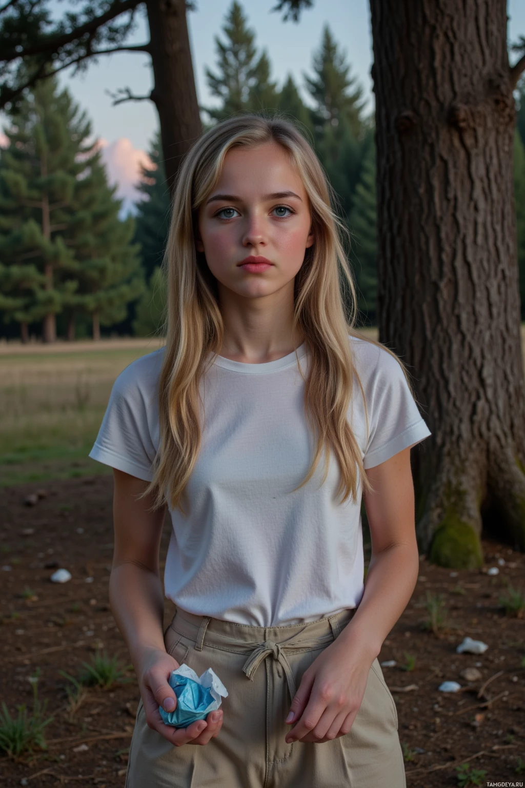A person stands outdoors in a forested area holding crumpled paper in one hand and resting their other hand on their hip.