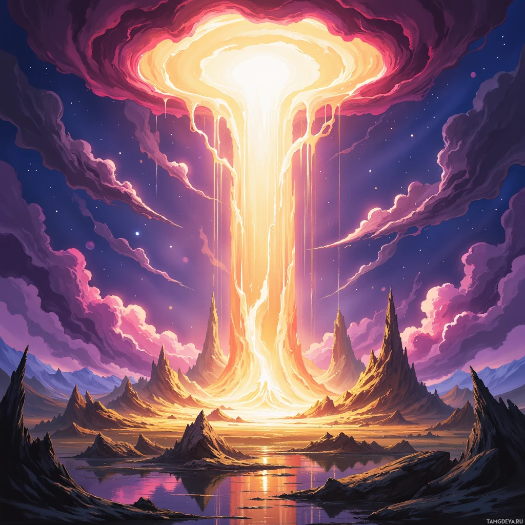 A fantastical landscape featuring a glowing portal in the sky and jagged mountain peaks reflected in a calm body of water.