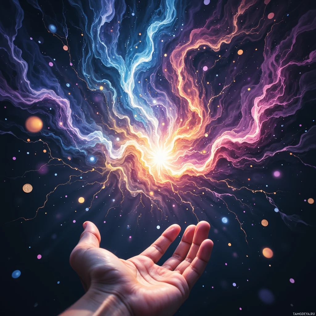 A hand reaches towards a vibrant, cosmic explosion of light and color.