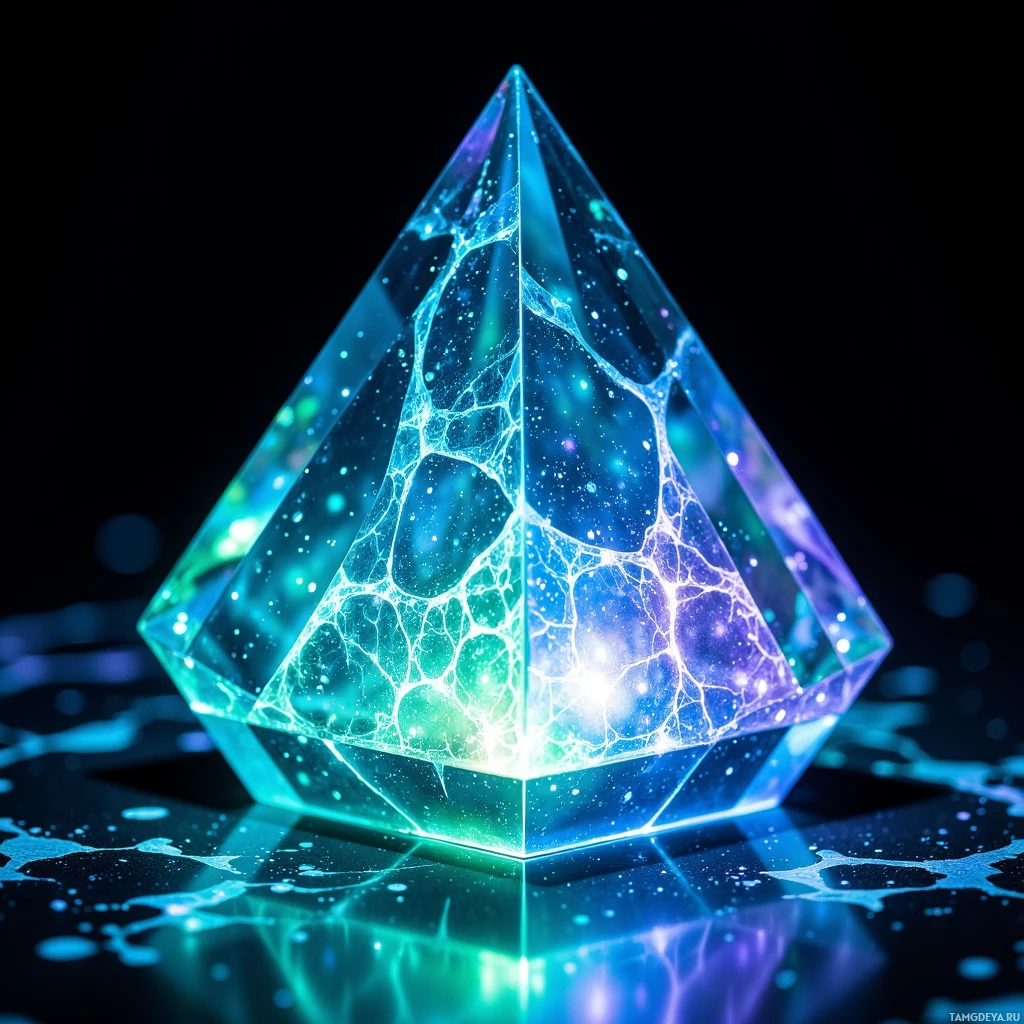 A glowing, multi-colored crystal pyramid with intricate patterns and reflections on a dark surface.